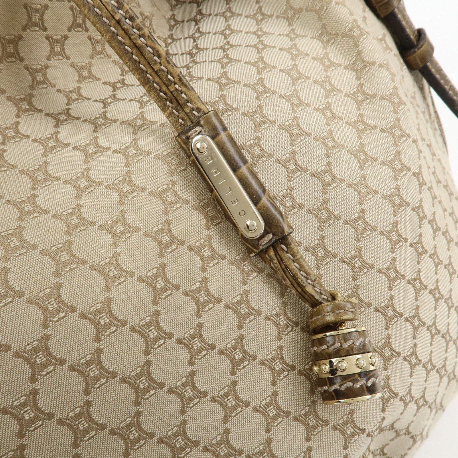 CELINE Macadam Logo Canvas Emboss Leather Shoulder Bag Beige Brown