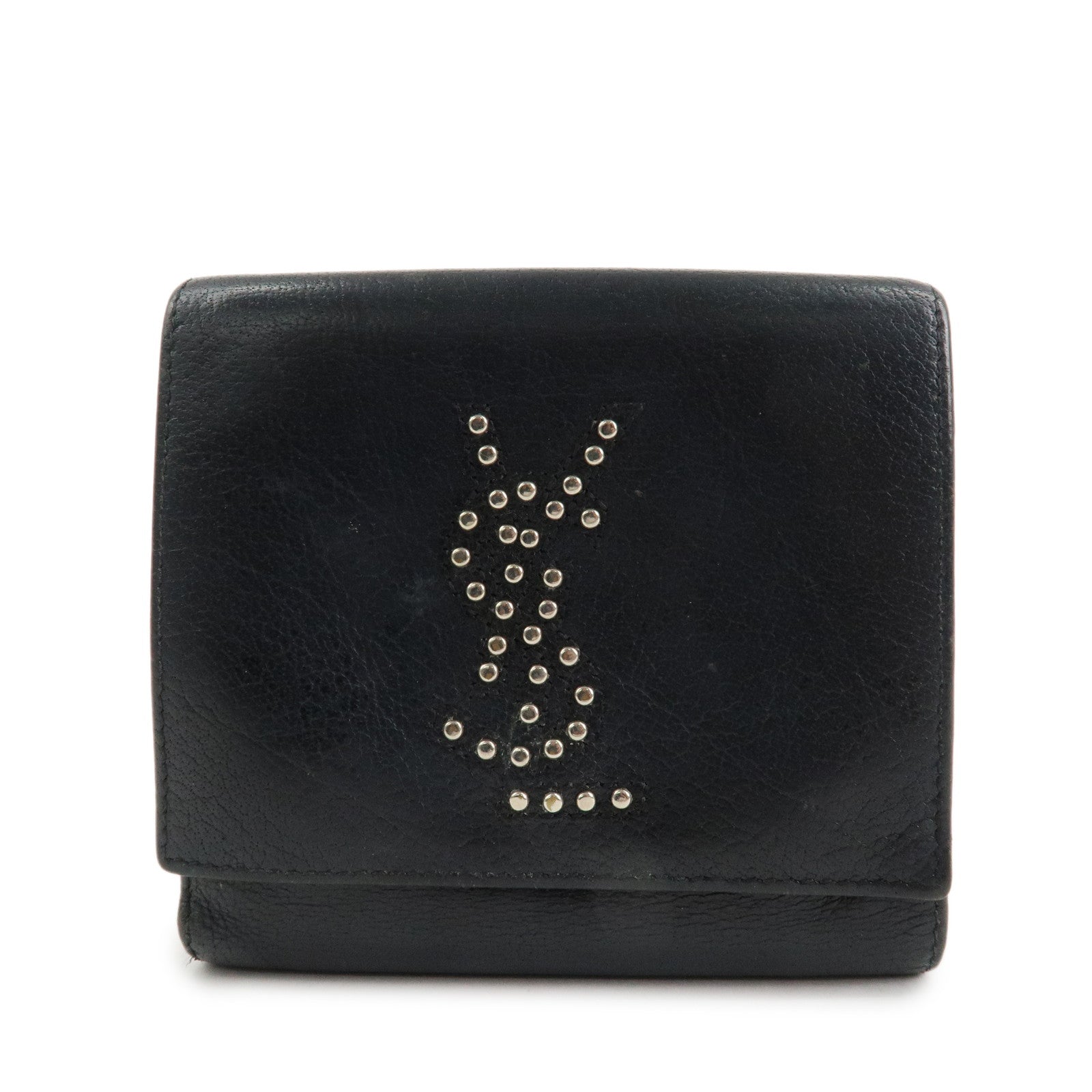 SAINT LAURENT Studs Leather Bi-fold Compact Wallet Black Used