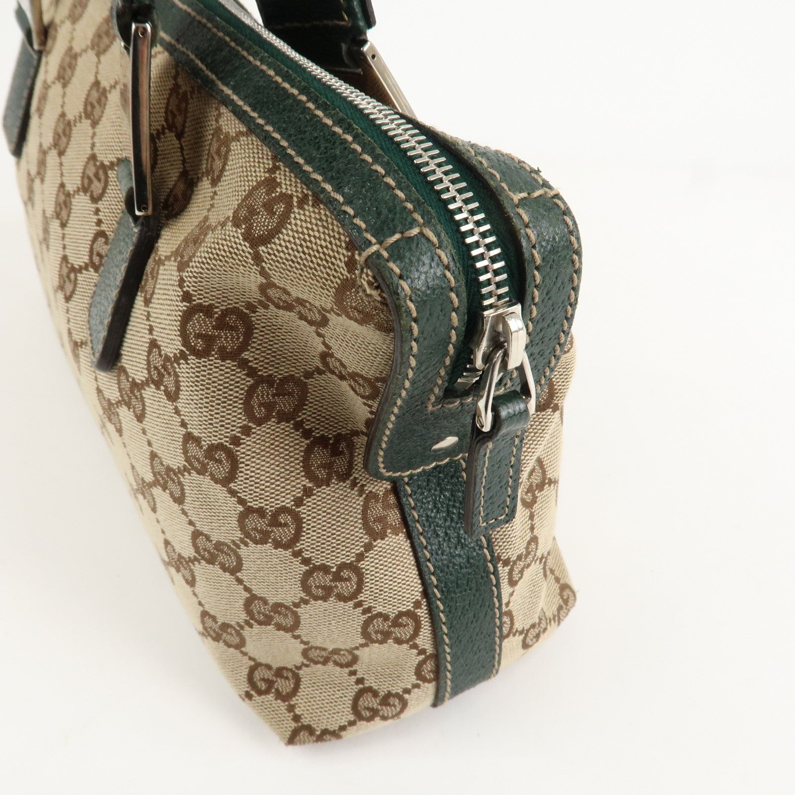 GUCCI Sherry GG Canvas Leather Hand Bag Beige Green 145759
