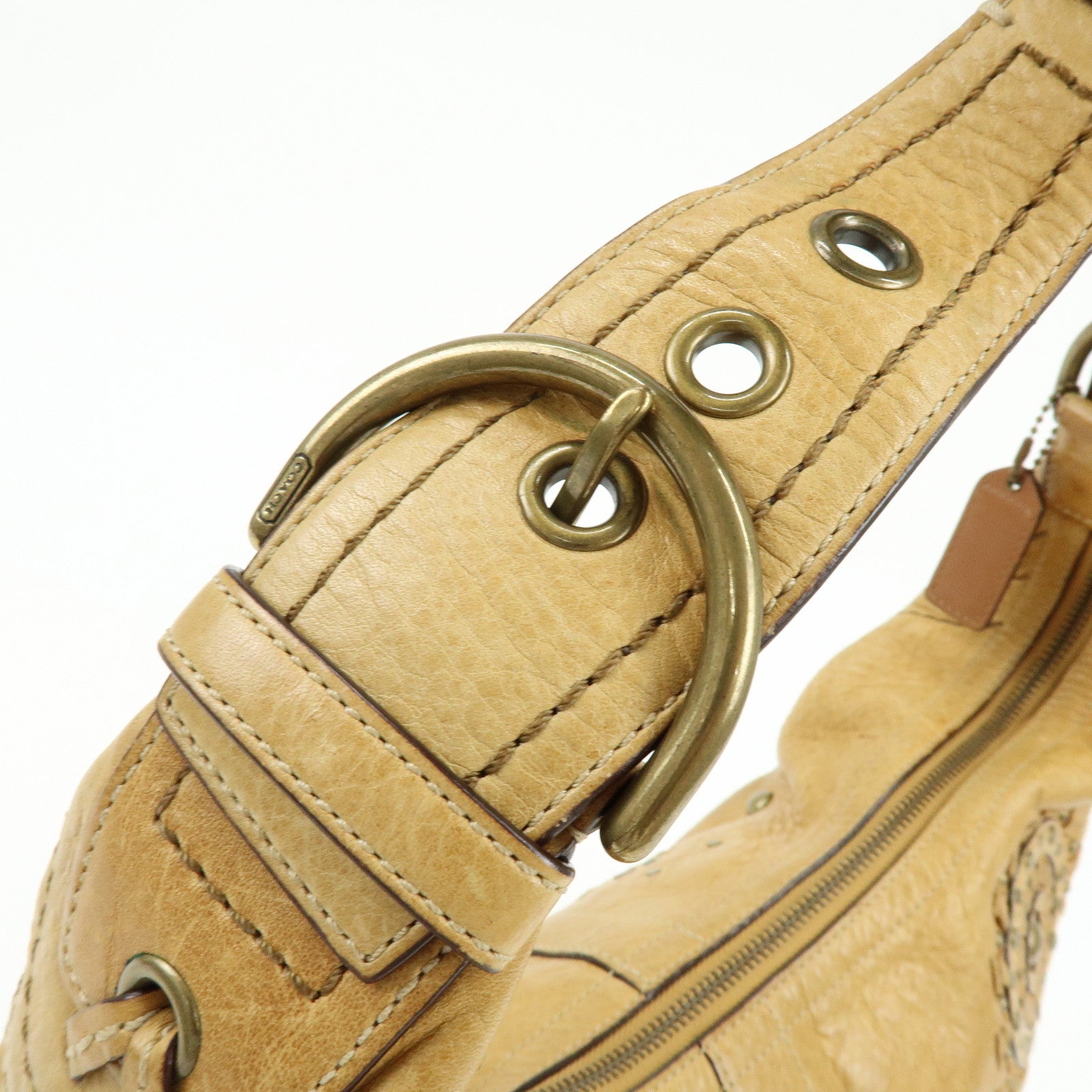 COACH Leather Shoulder Bag Hand Bag Studs Camel