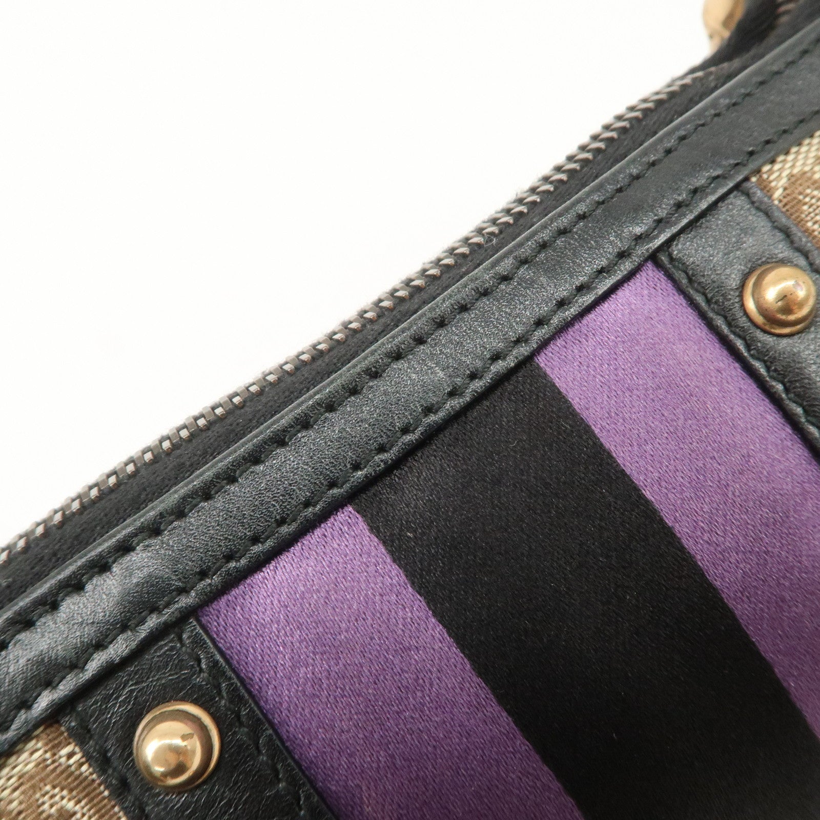 GUCCI Sherry Bamboo GG Canvas Leather Chain Bag Black Purple 129423 Used