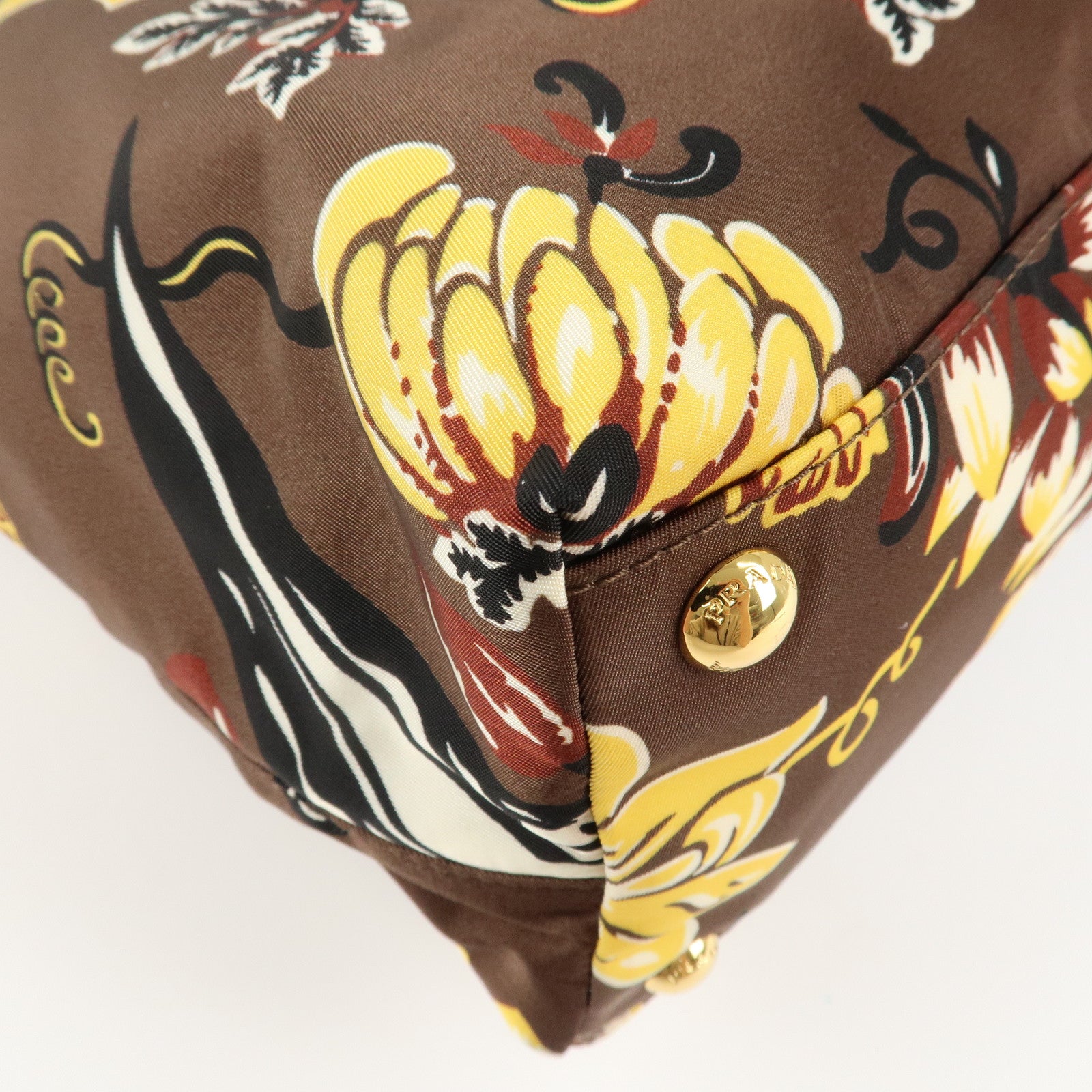 PRADA Triangle Logo Nylon Leather 2Way Bag Shoulder Bag Hand Bag Floral Print Brown Yellow BN2741 Used