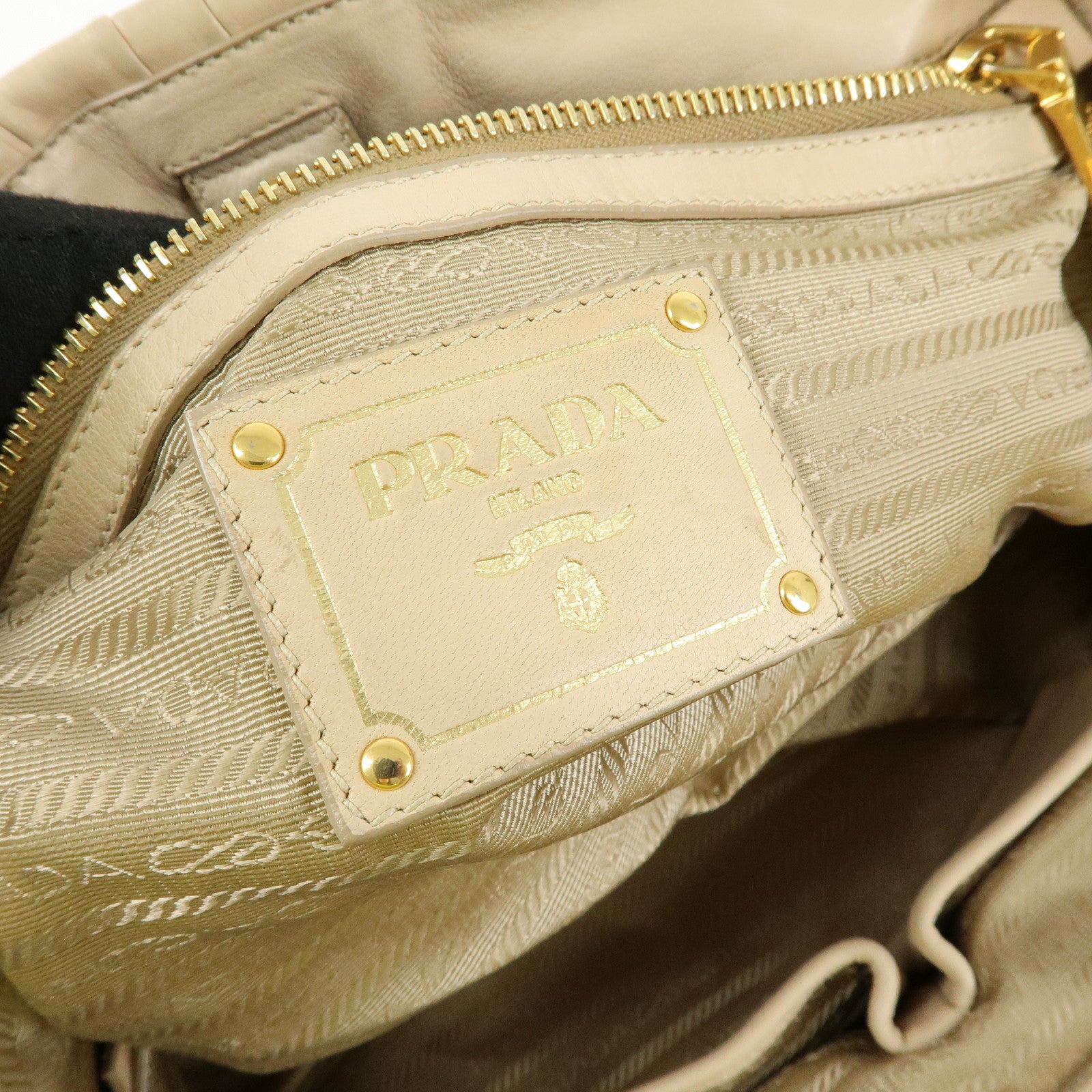 PRADA Logo Gathered Leather 2Way Hand Bag Shoulder Bag Beige BN1924