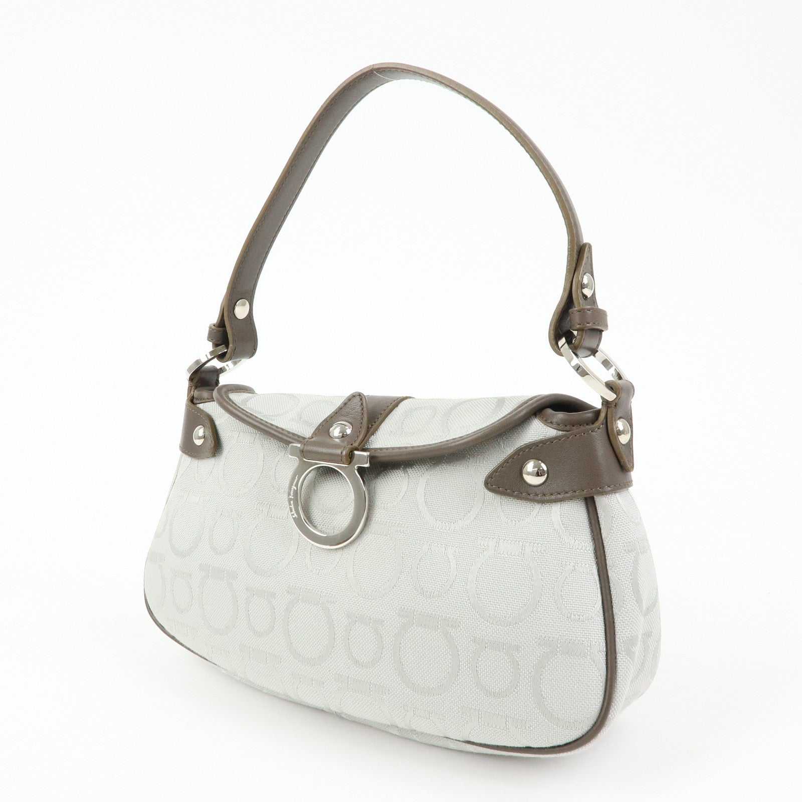 Ferragamo Gancini Canvas Leather Shoulder Bag Hand Bag Gray Brown