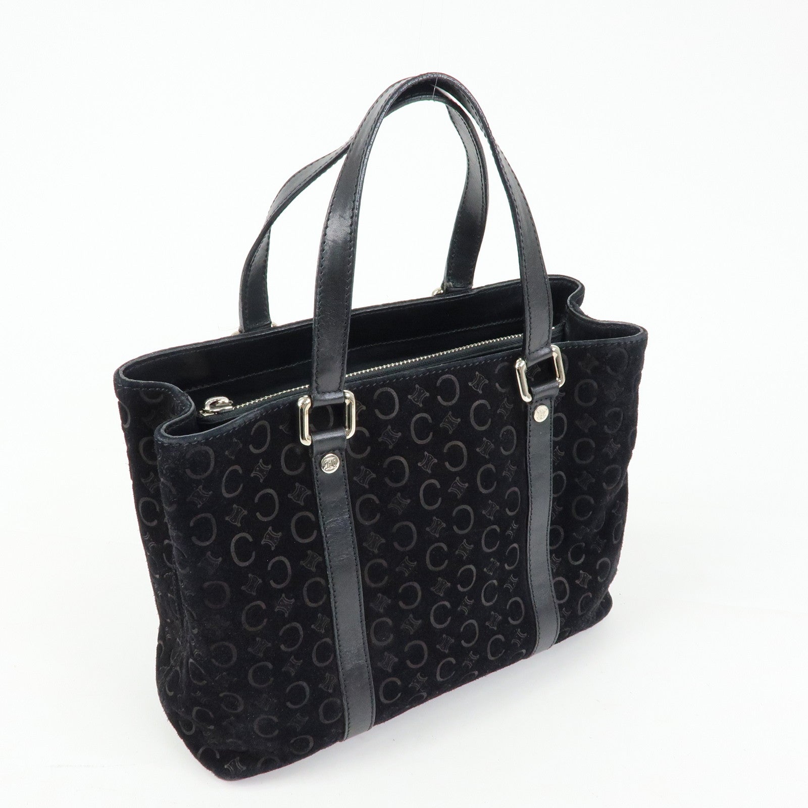 CELINE C Macadam Suede Leather Tote Bag Hand Bag Black
