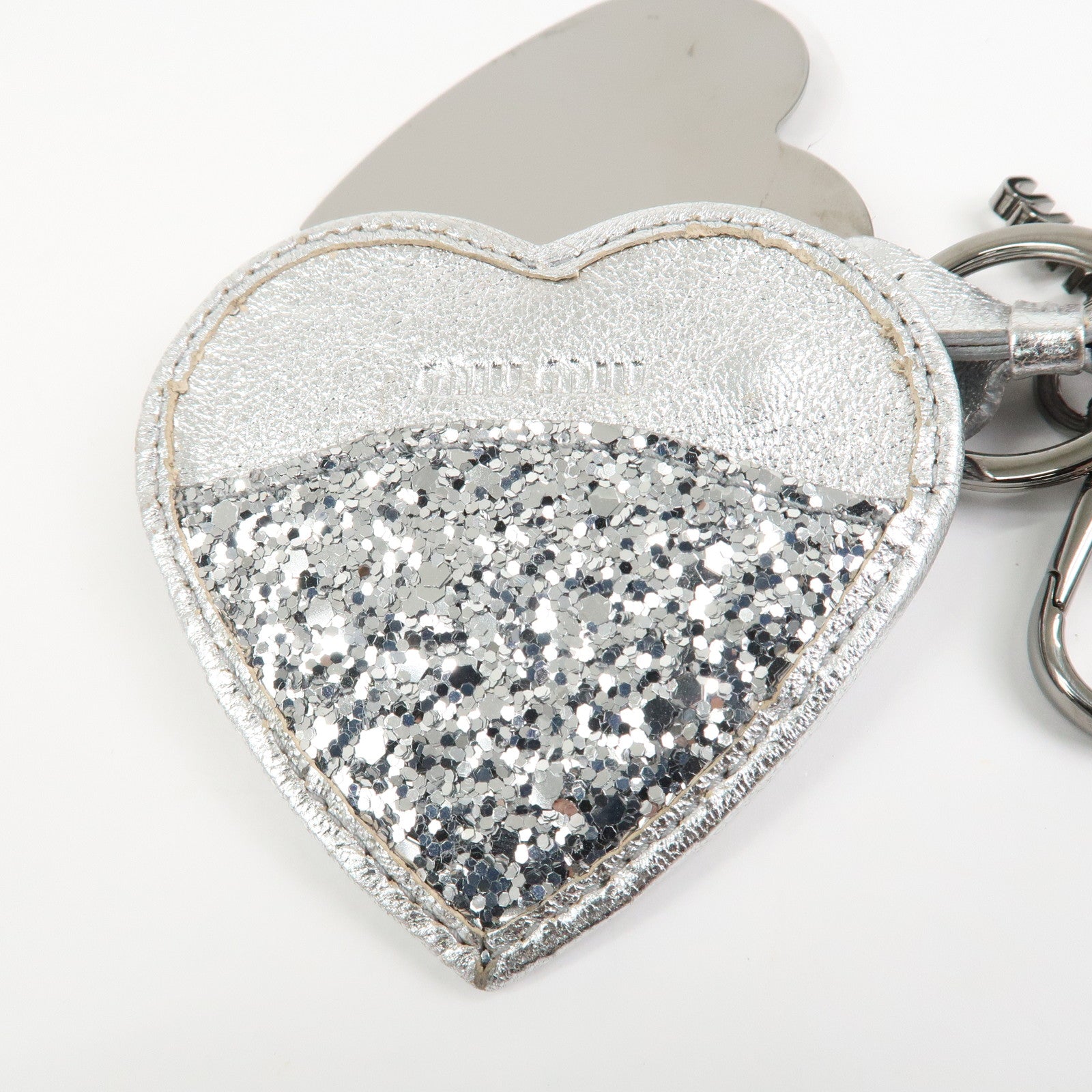 MIU MIU Heart Motif Glitter Leather Key Chain Bag Charm Silver