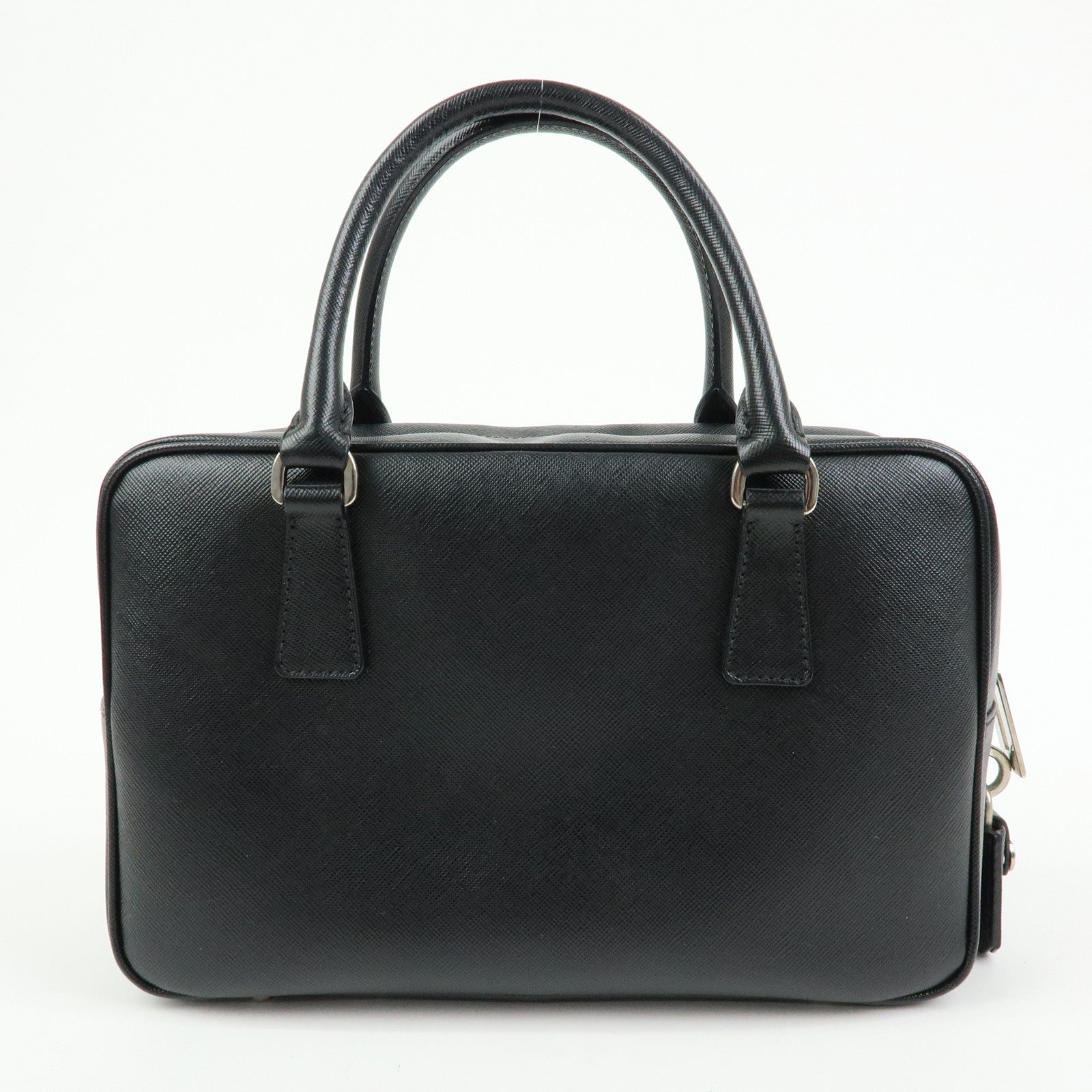 PRADA Triangle Logo Saffiano Leather Hand Bag Boston Bag Black