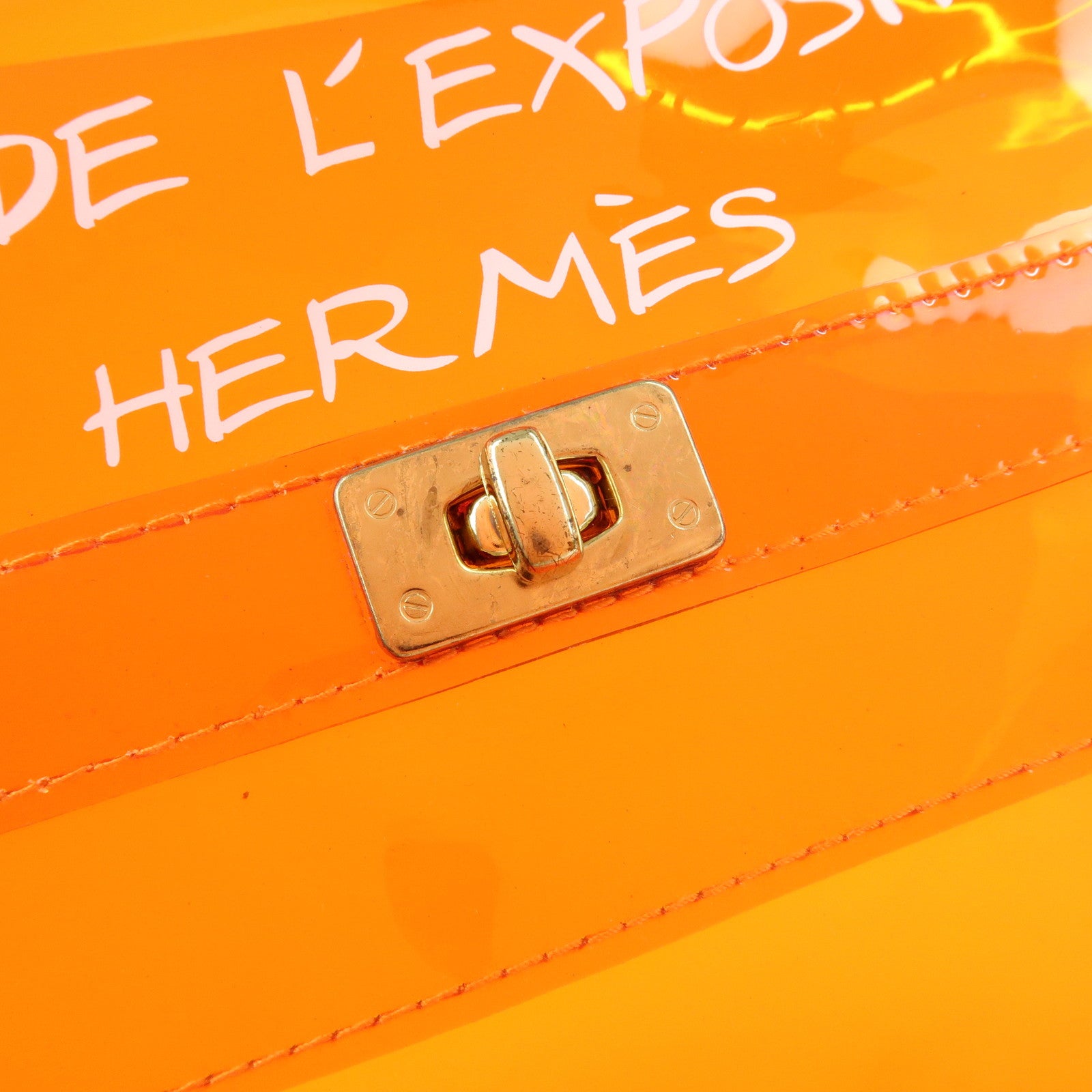 HERMES Kelly Vinyl Hand Bag Clear Transparent Orange