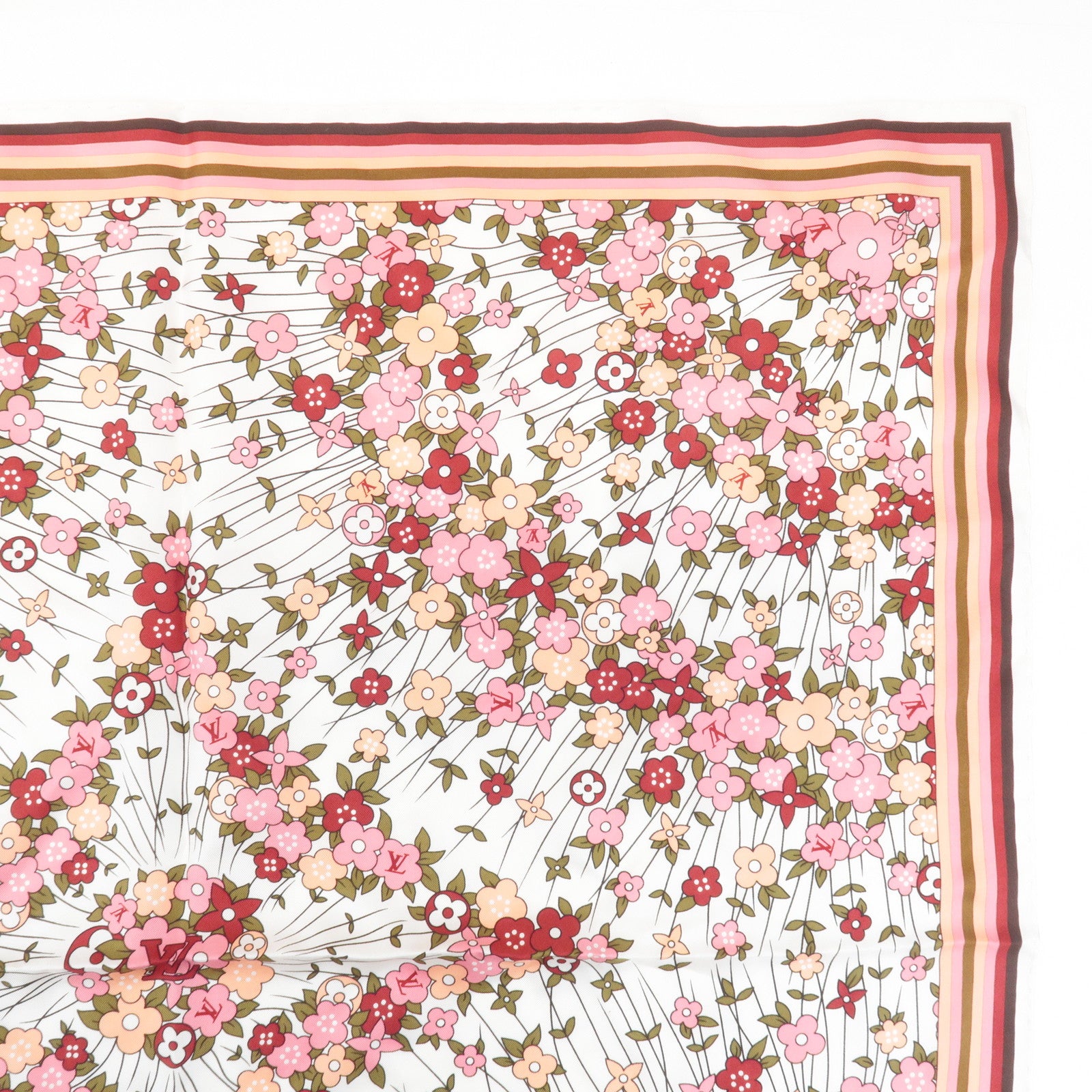 Louis Vuitton 100% Silk Scarf Flower Floral Pink Multicolor Used