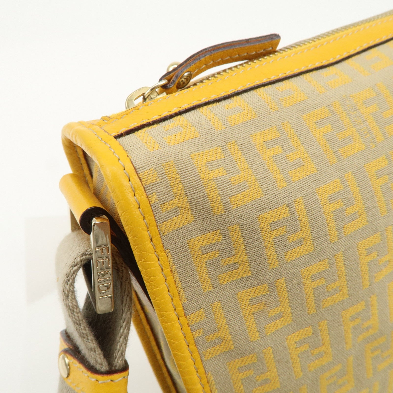 FENDI Zucchino Canvas Leather Shoulder Bag Beige Yellow 8BT089