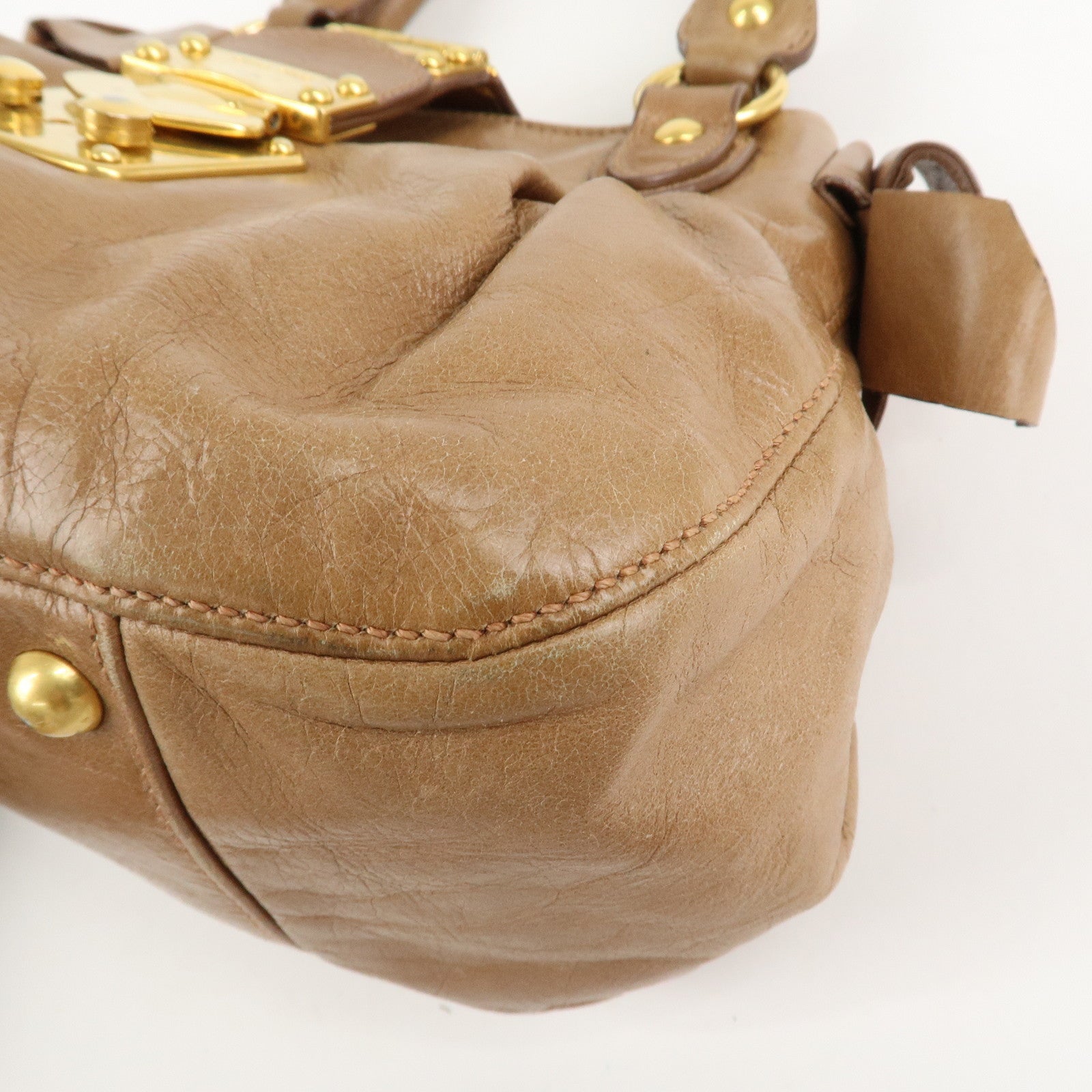 MIU MIU Leather Side Ribbon 2Way Bag Hand Bag Beige Gold