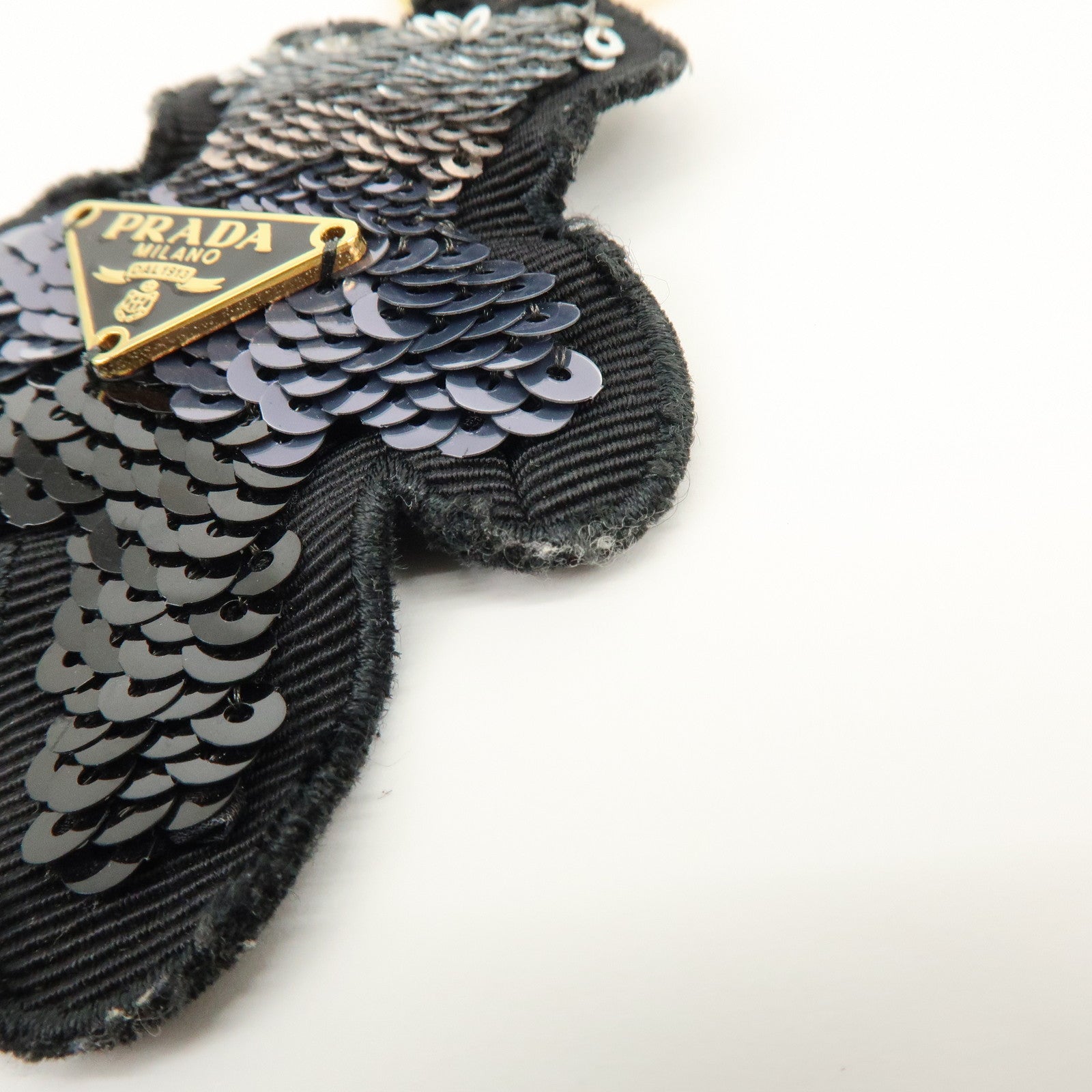 PRADA Bear Motif Canvas Sequins Bag Charm Key Holder Black Silver