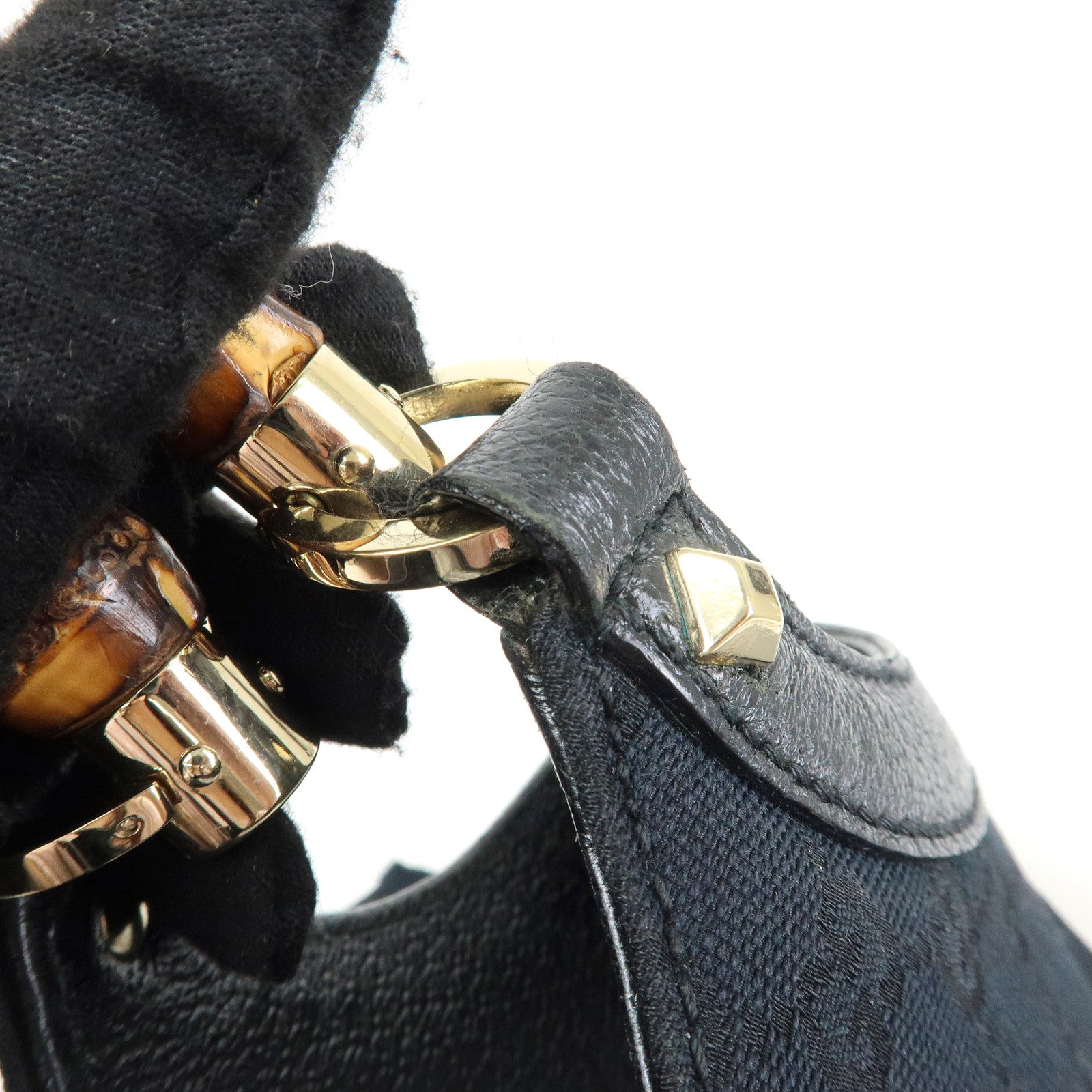 GUCCI Bamboo GG Canvas Leather Tote Bag Hand Bag Black 137395