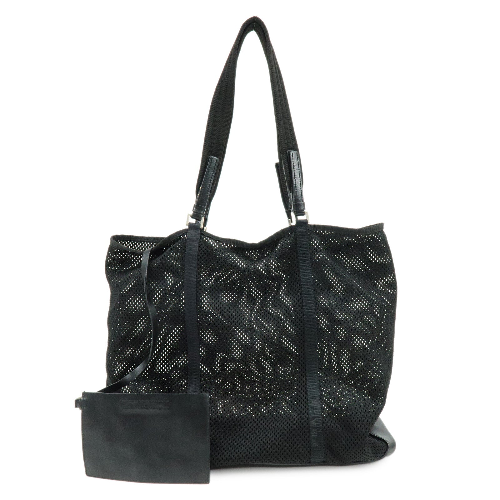 PRADA Mesh Leather Tote Bag Shoulder Bag Black