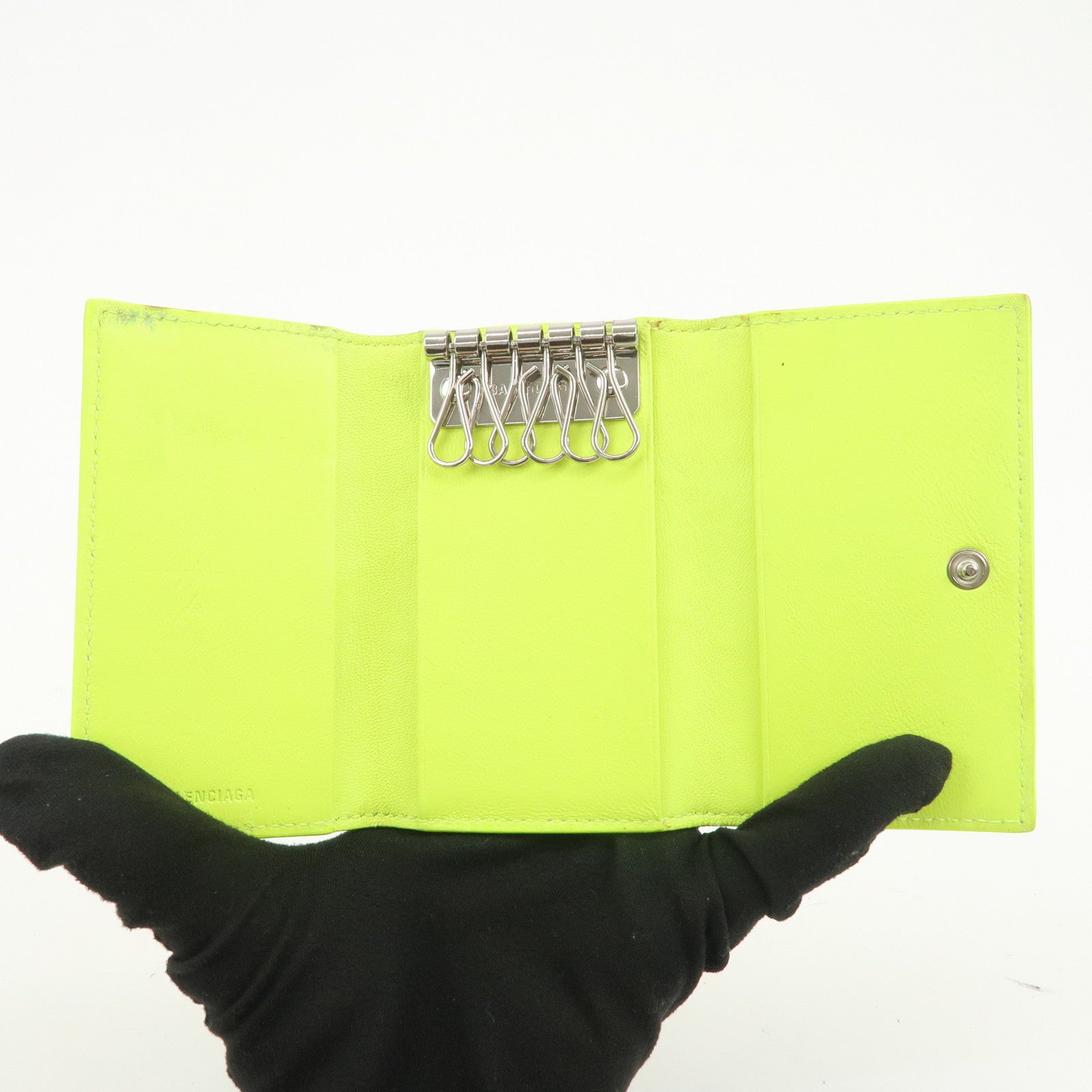 BALENCIAGA Logo Leather Key Case Key Holder Neon Yellow