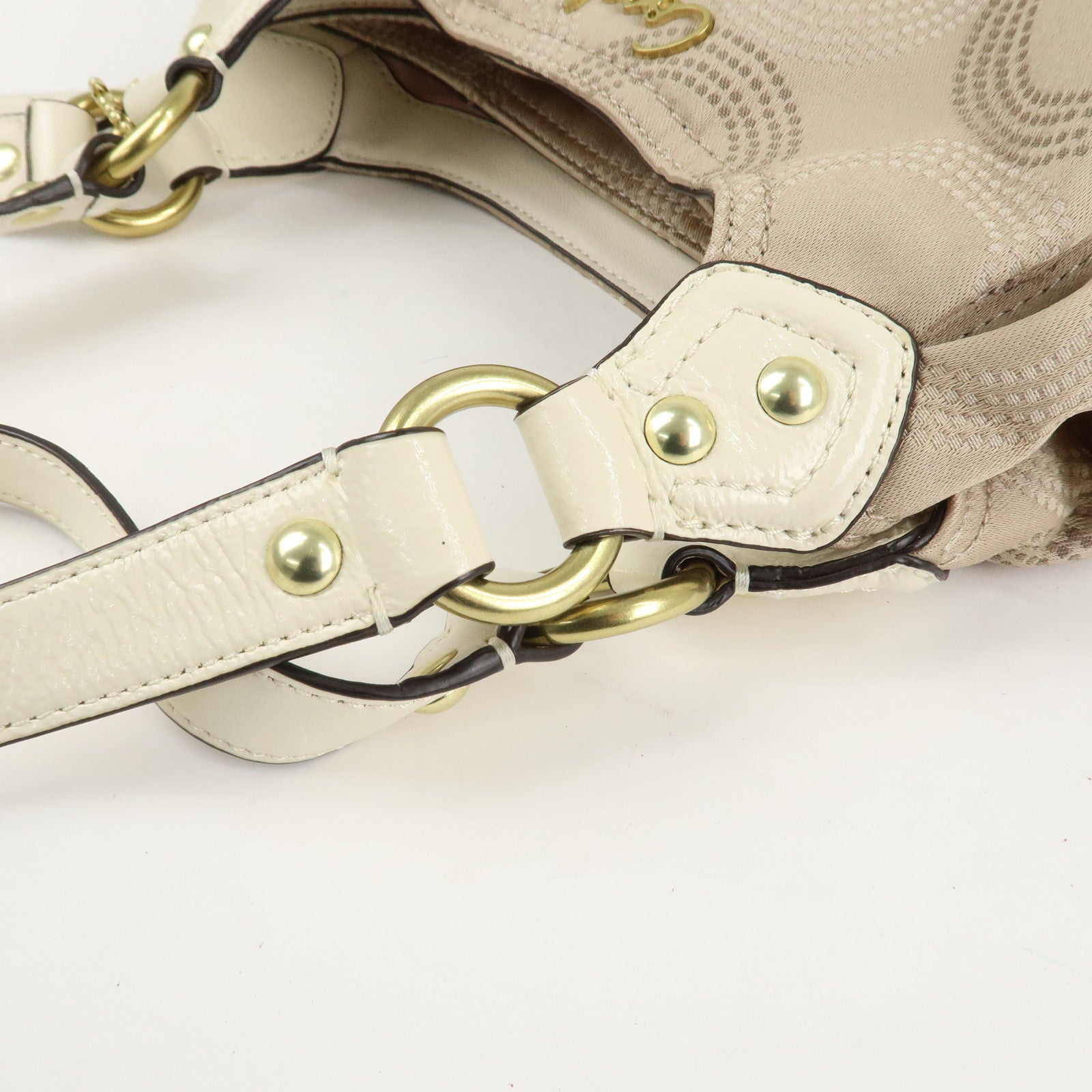 COACH Ashley Canvas Patent Leather Dot Op Art Hobo Bag Beige F21920 Used