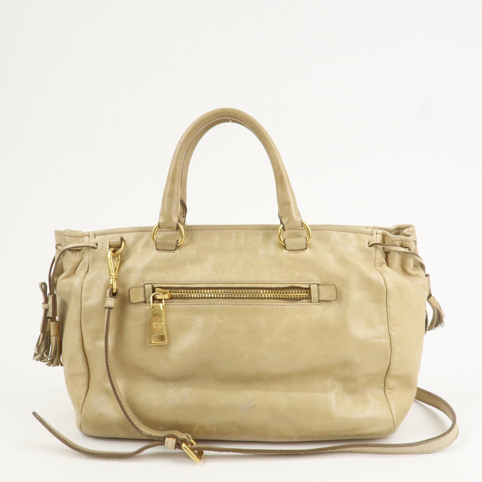PRADA Triangle Logo VITELLOSHINE Leather 2Way Bag Beige BN1921