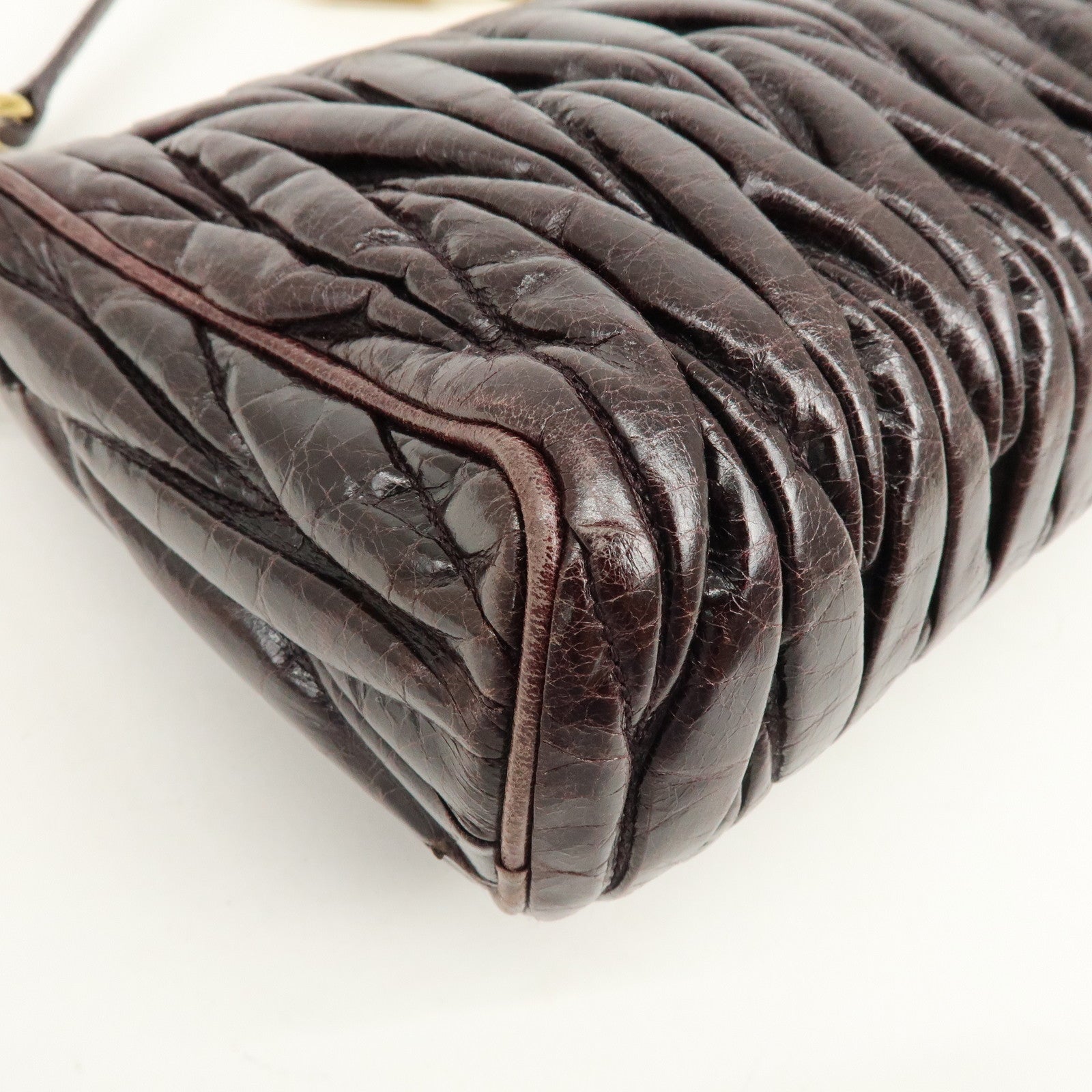 MIU MIU Matelasse Gathered Leather Hand Bag Brown