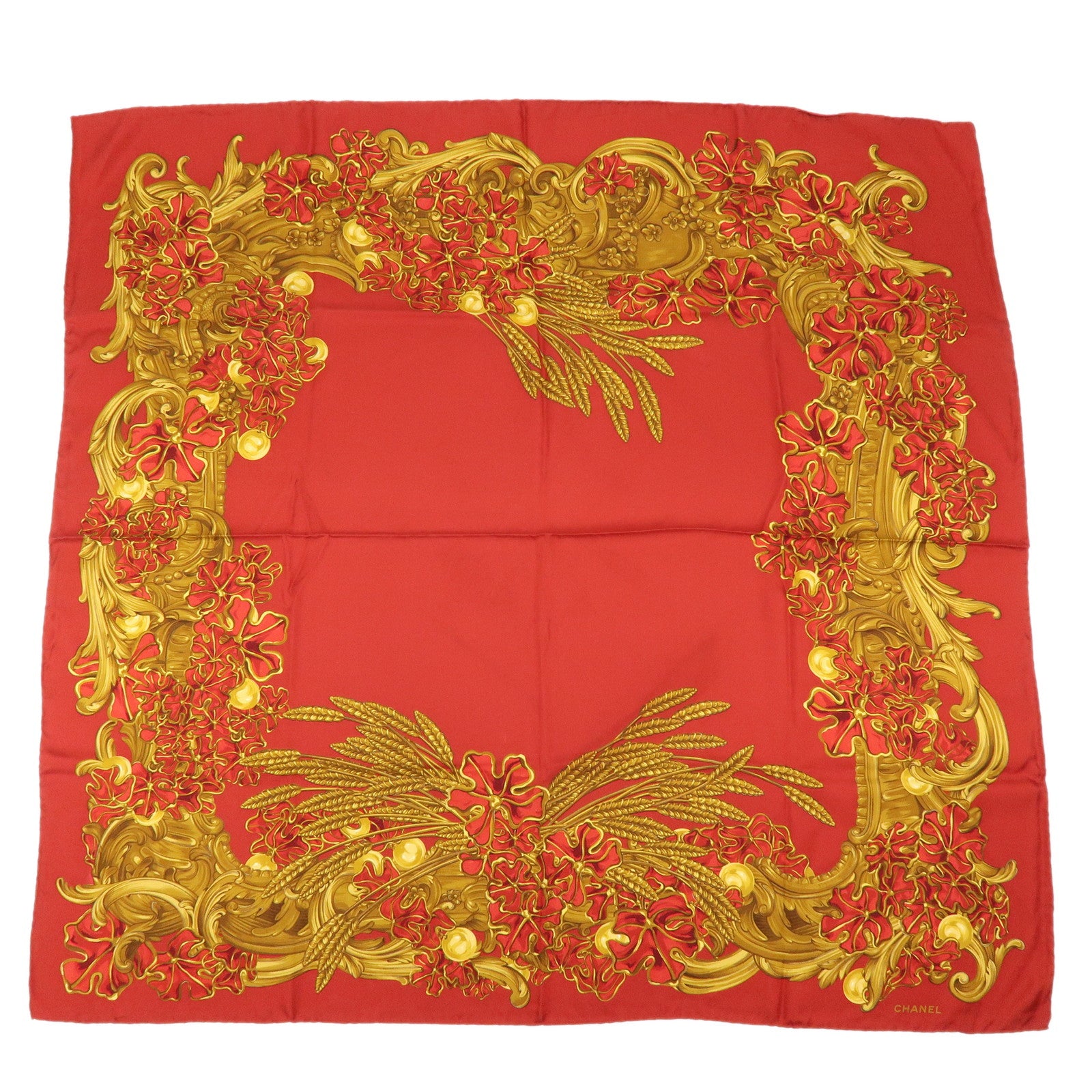 CHANEL Silk 100% Scarf Flower Motif Red Yellow