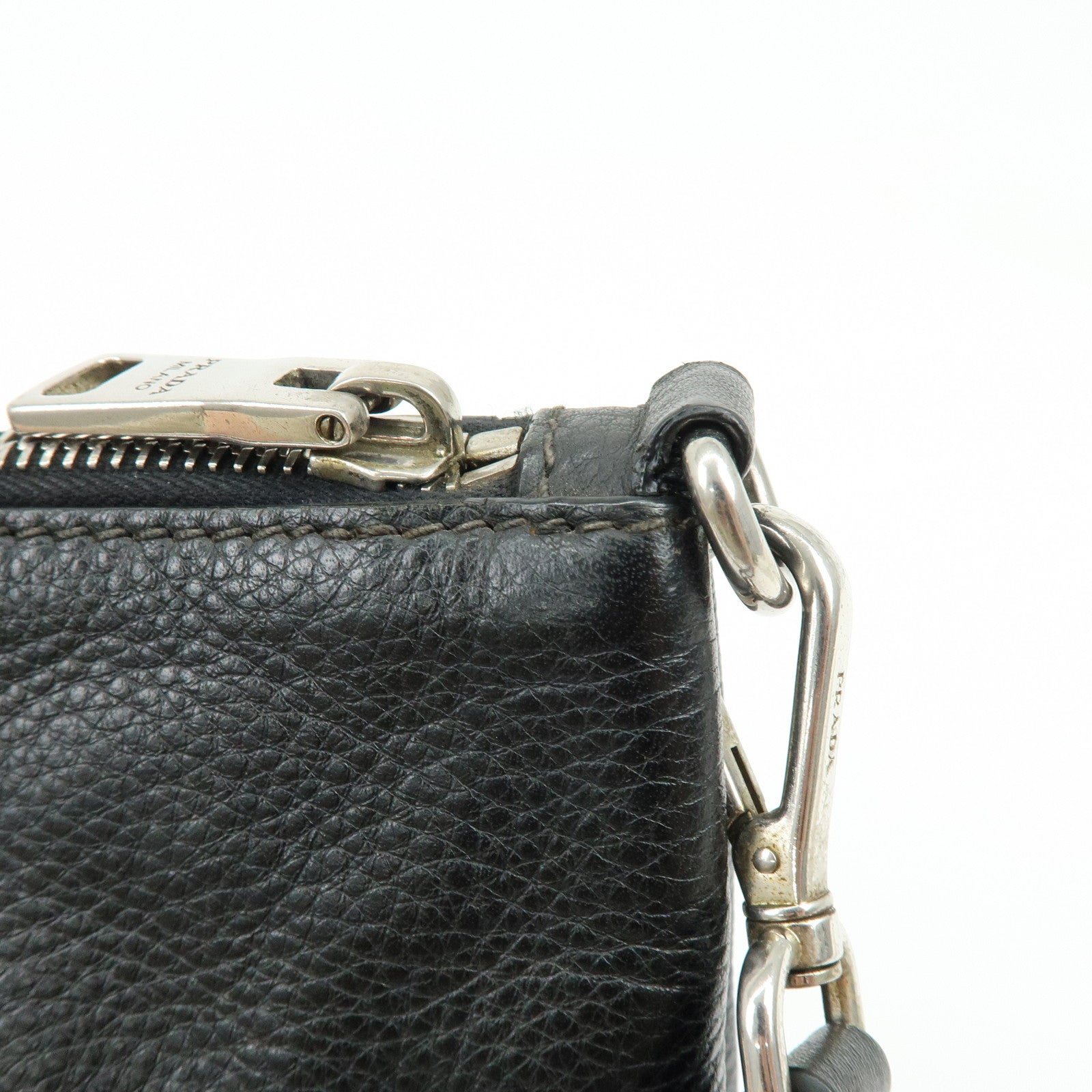 PRADA Triangle Logo Vitello Daino Leather Shoulder Bag Black 1BH997