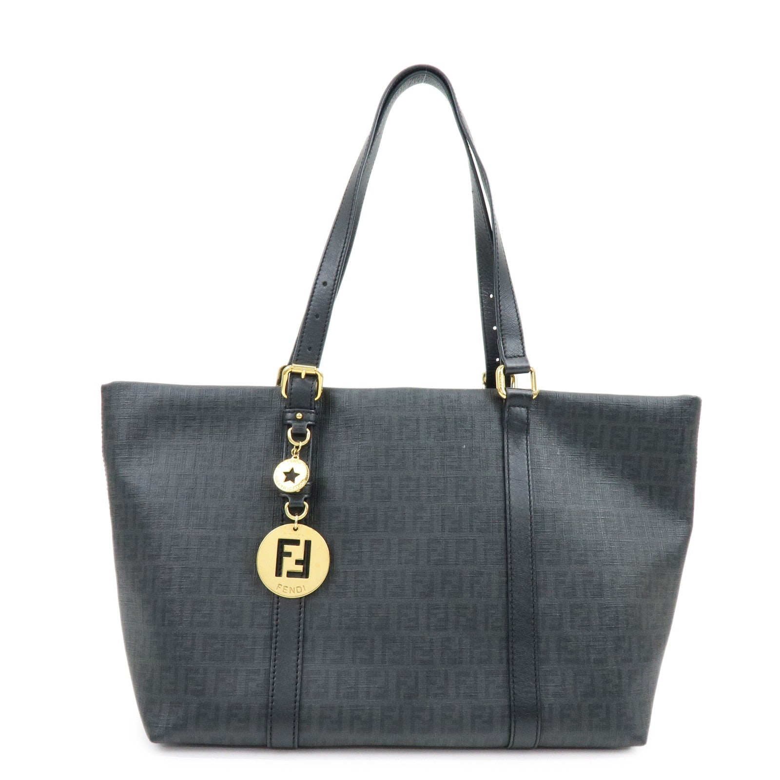 FENDI Zucchino PVC Leather Tote Bag Shoulder Bag Black Charm 8BH215