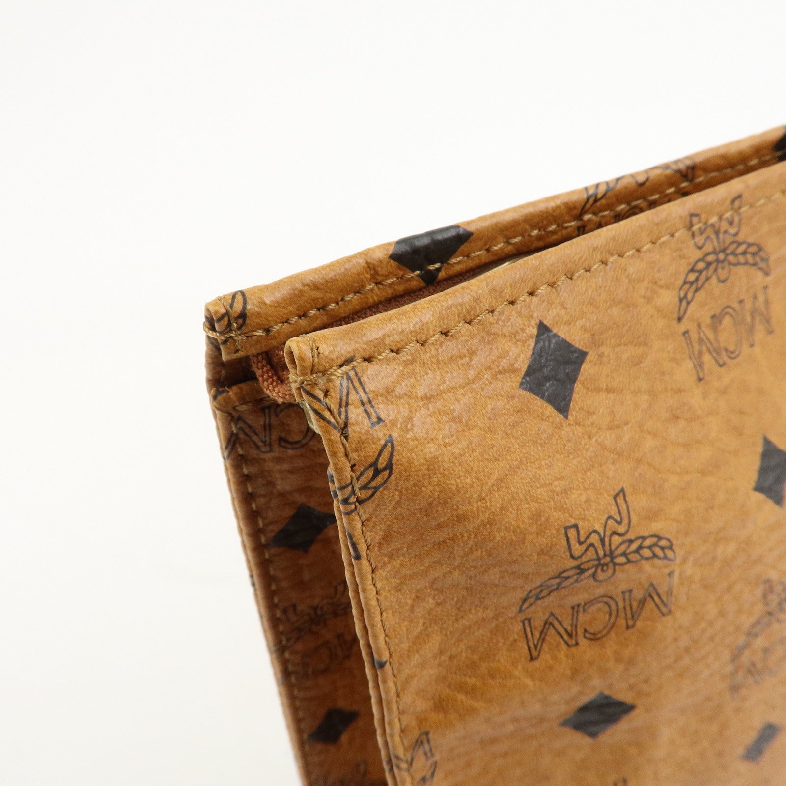 MCM Visetos Leather Clutch Bag Brown Gold Hardware