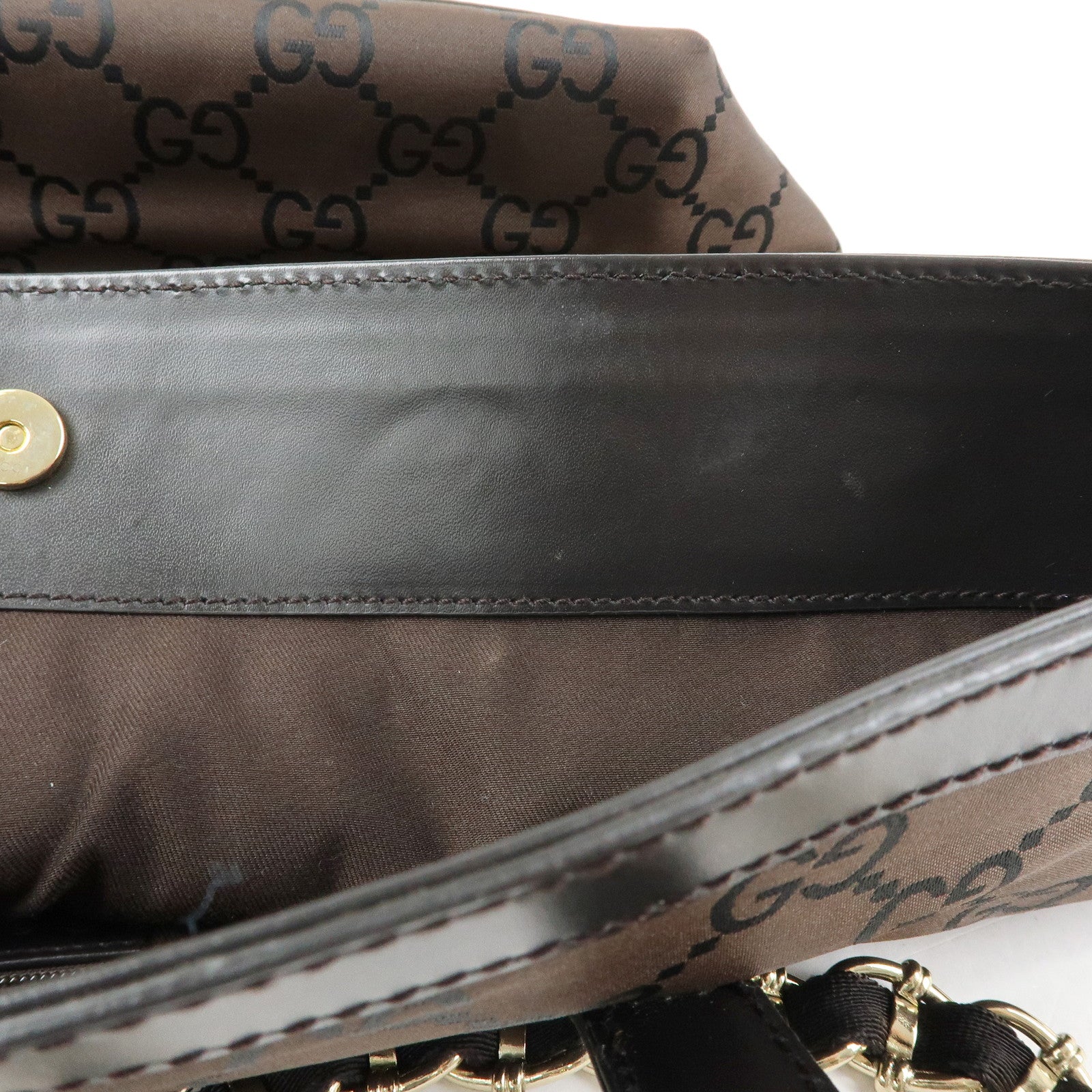 GUCCI GG Nylon Leather Chain Tote Bag Shoulder Bag Brown 196750