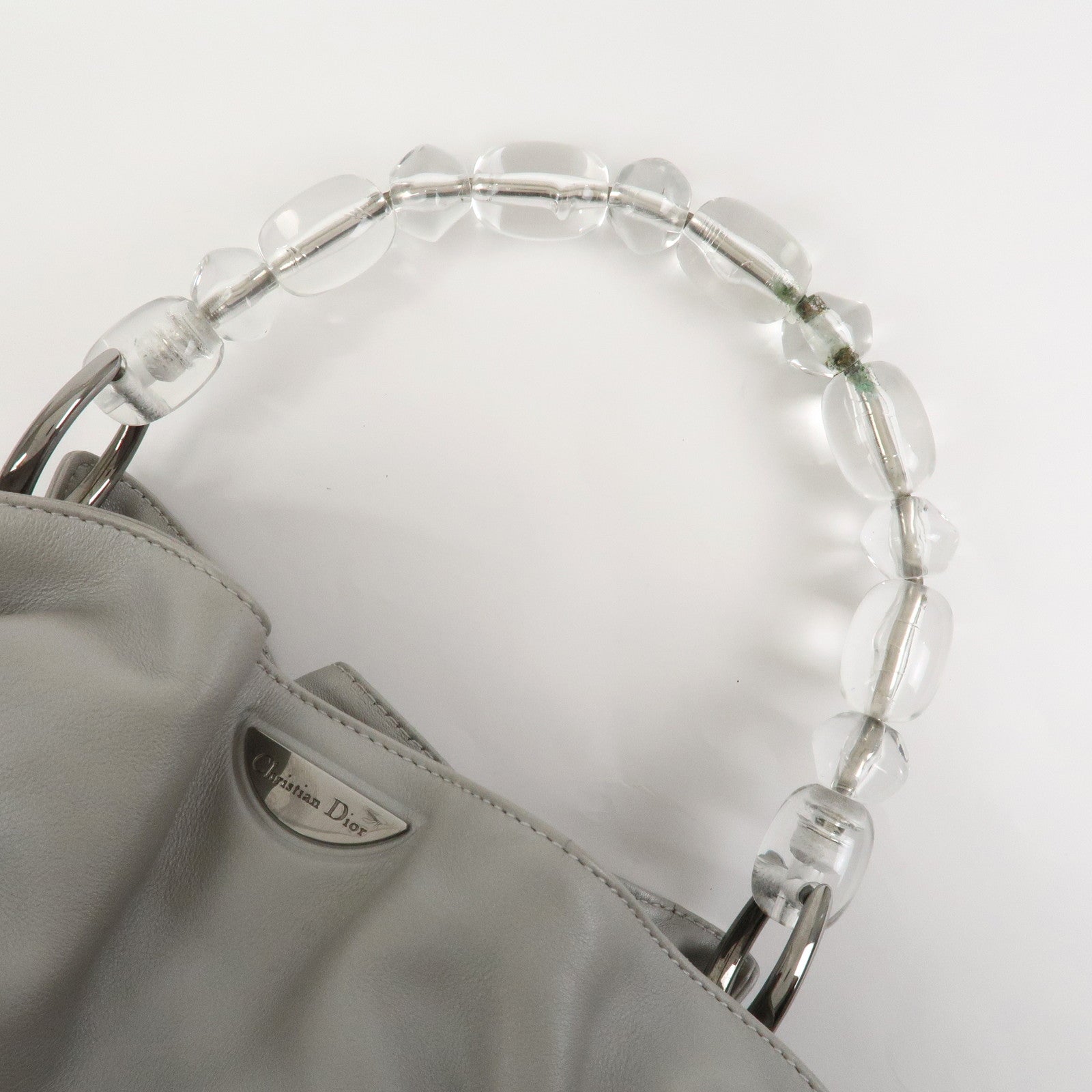 Christian Dior Maris Pearl Leather Hand Bag Silver Gray