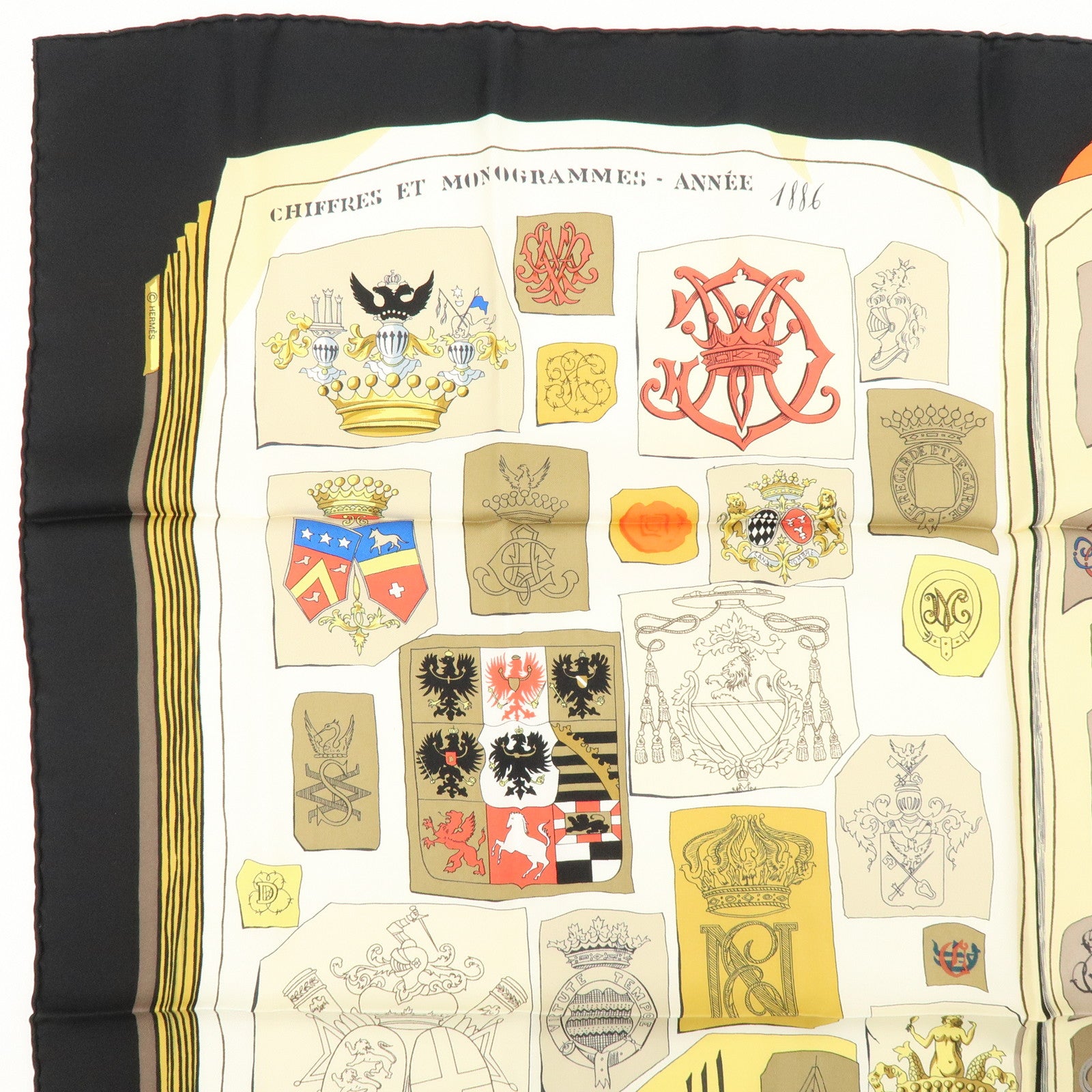 HERMES Carre 90 Silk 100% CHIFFRES ET MONOGRAMMES ANNEE Scarf Black