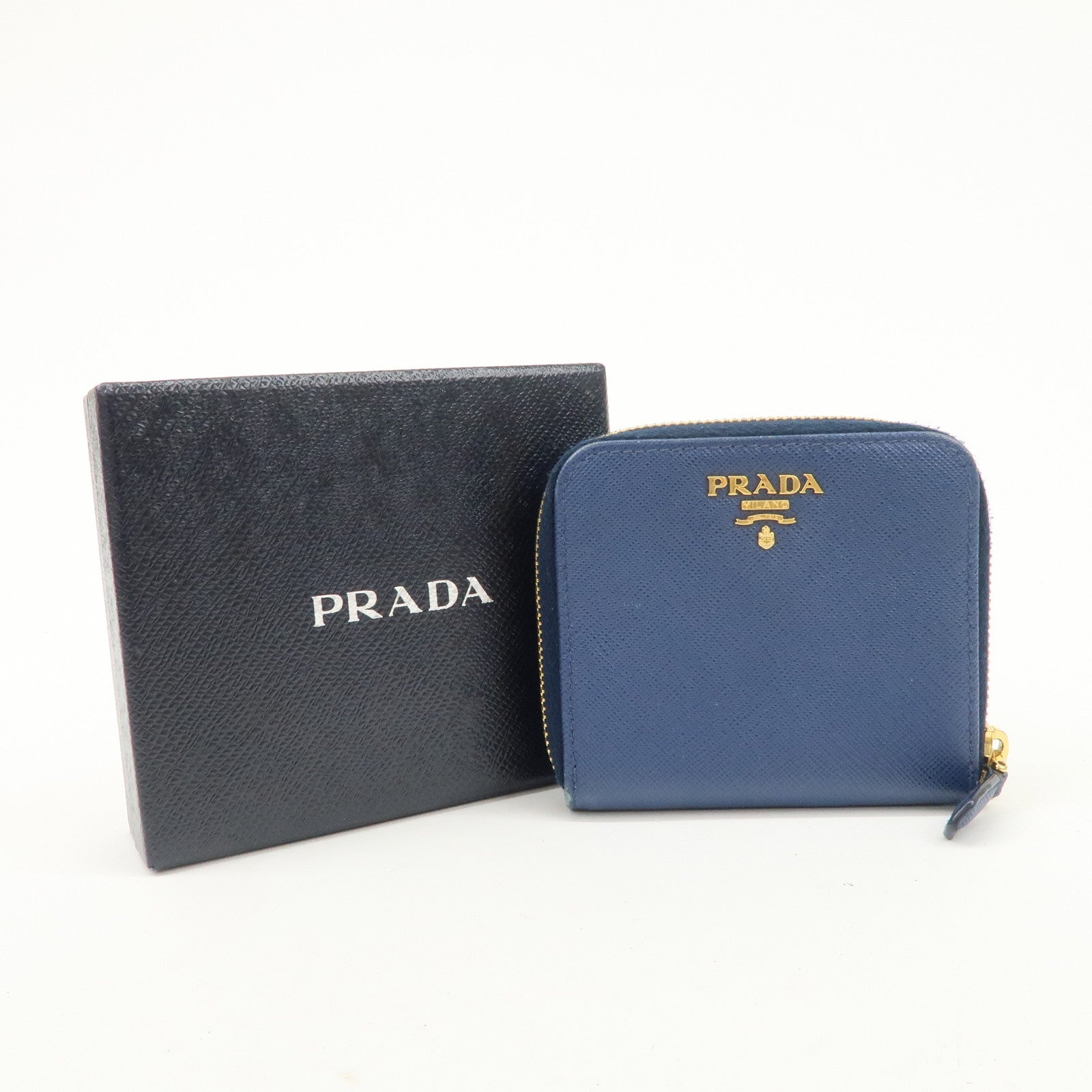 PRADA Logo Leather Round Zippy Bi-fold Wallet Blue 1ML522 Used
