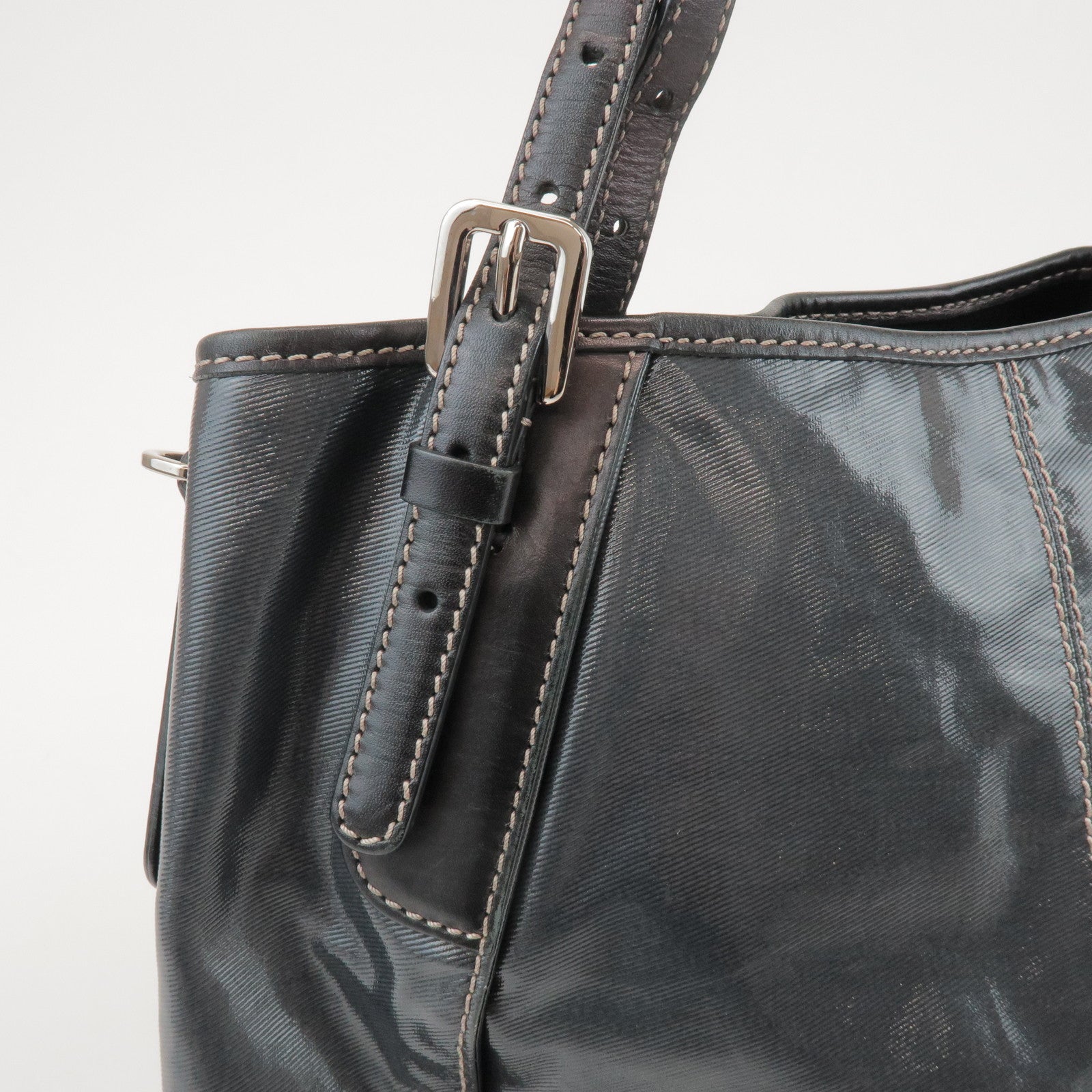 TOD'S PVC Coated Canvas Leather Tote Bag Hand Bag Black