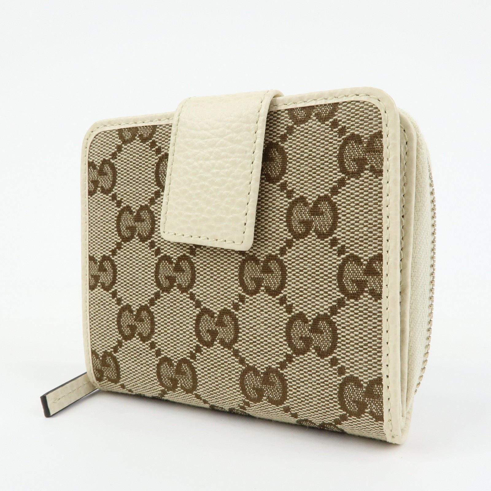 GUCCI GG Canvas Leather Bi-fold Compact Wallet Beige 346056