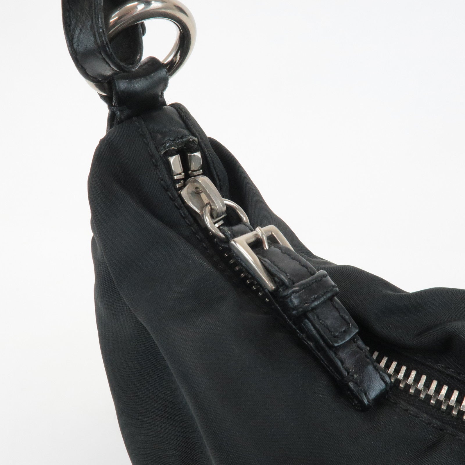 PRADA Triangle Logo Leather Nylon Shoulder Bag Black
