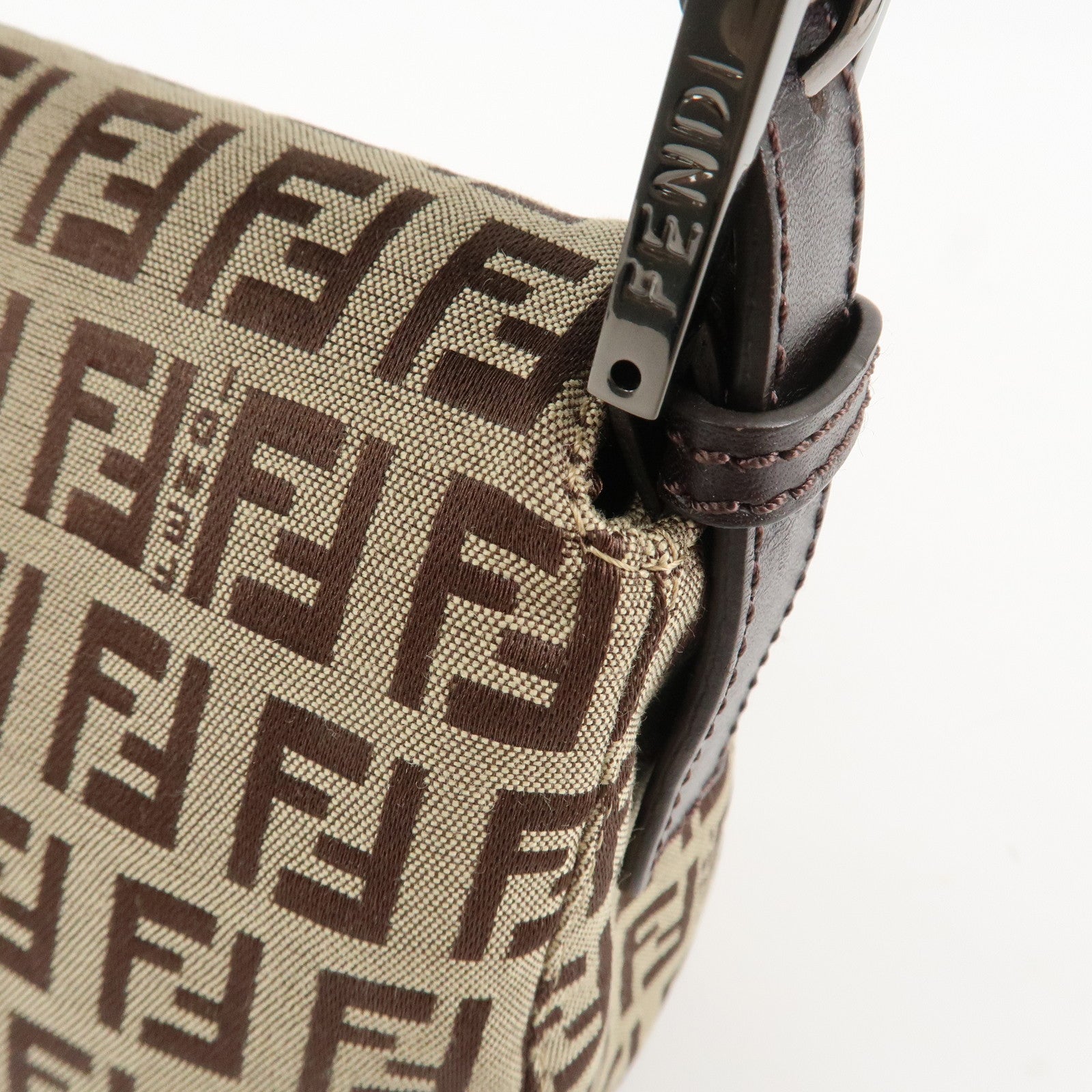 FENDI Mamma Baguette Zucchino Canvas Leather Hand Bag Brown 8BR003 Used