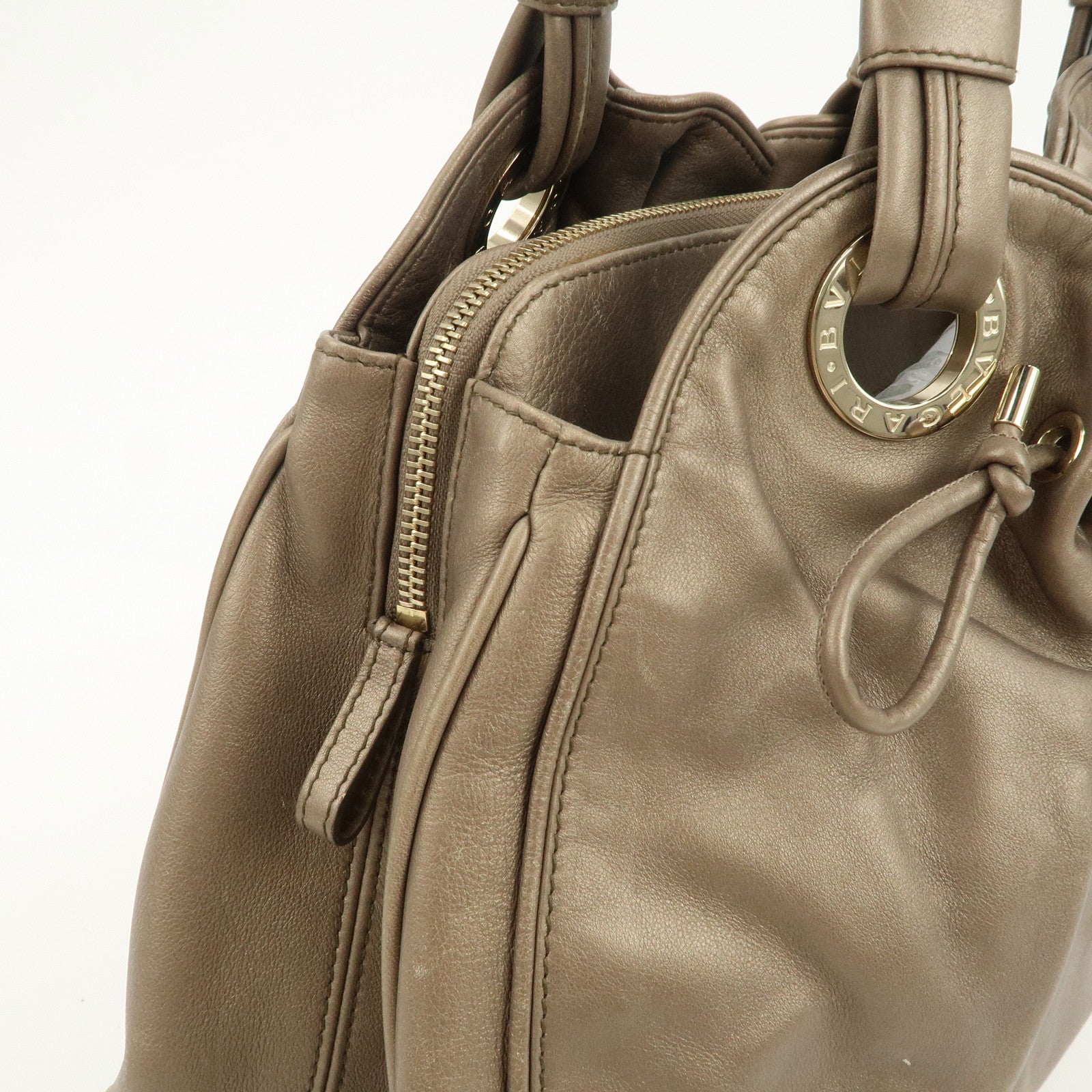 BVLGARI Logo Leather Hand Bag Shoulder Bag Bronze