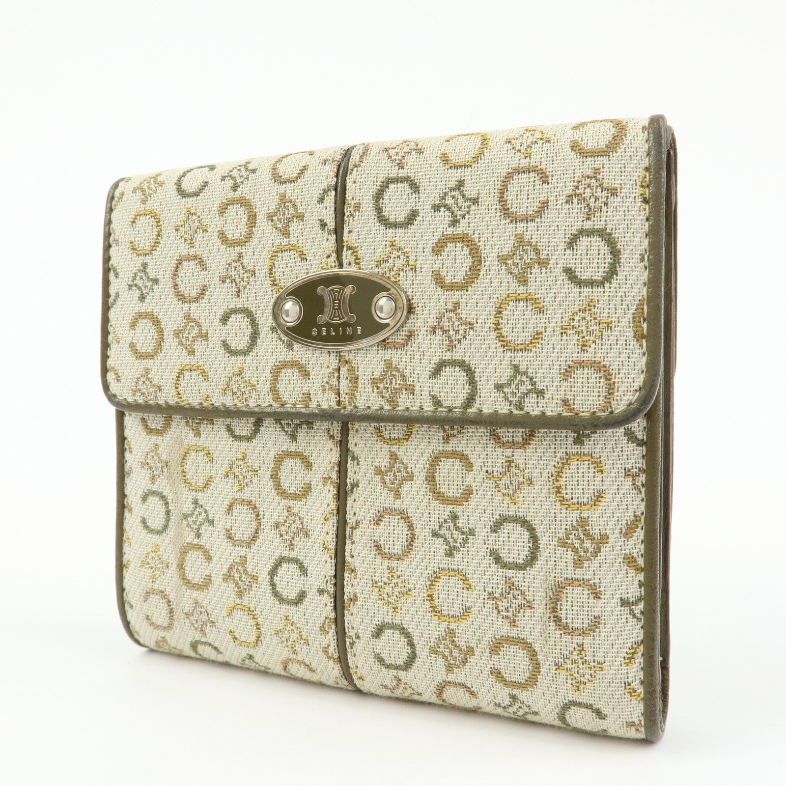 CELINE C Macadam Canvas Leather Compact Wallet Khaki