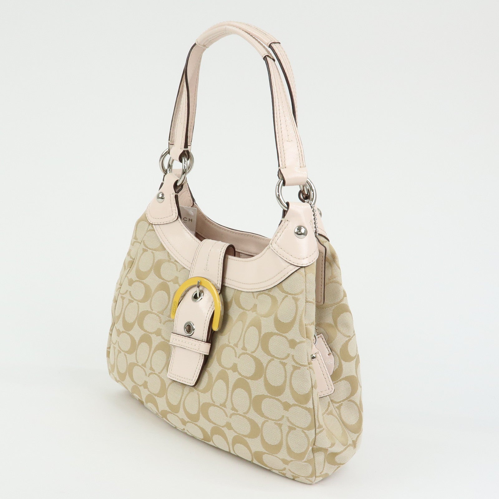 COACH Signature Canvas Patent Leather Hand Bag Beige