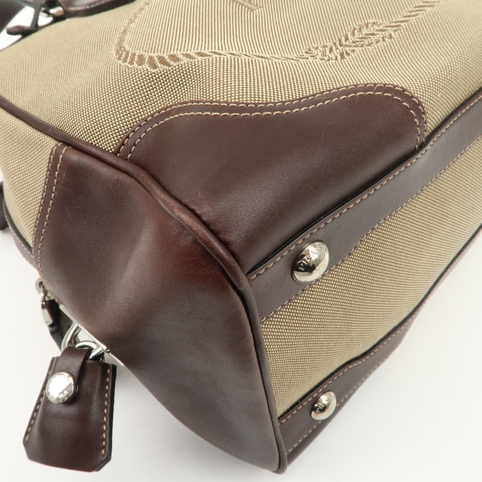 PRADA Logo Jacquard Leather Boston Bag Shoulder Bag Beige BL0260 Used