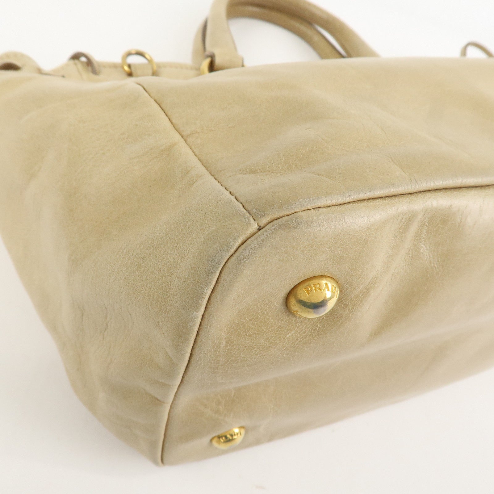 PRADA Triangle Logo VITELLOSHINE Leather 2Way Bag Beige BN1921