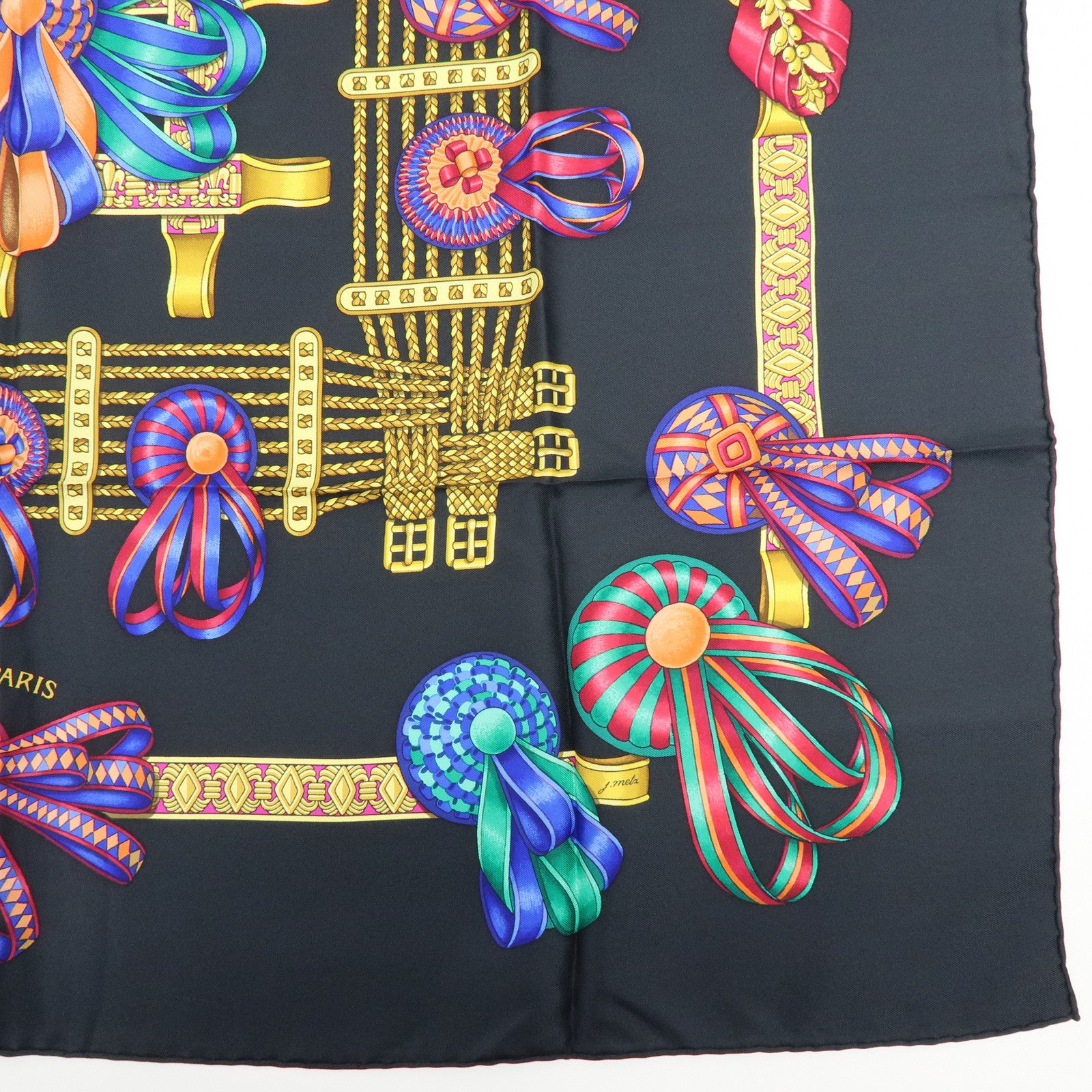 HERMES Carre 90 Silk 100% Scarf LES RUBANS DU CHEVAL Black