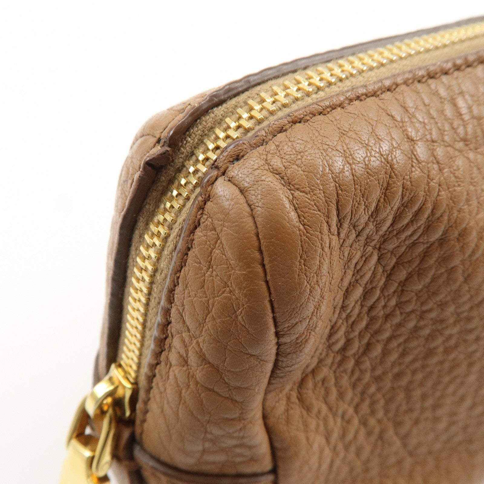 PRADA Logo Leather Pouch Cosmetic Pouch Camel