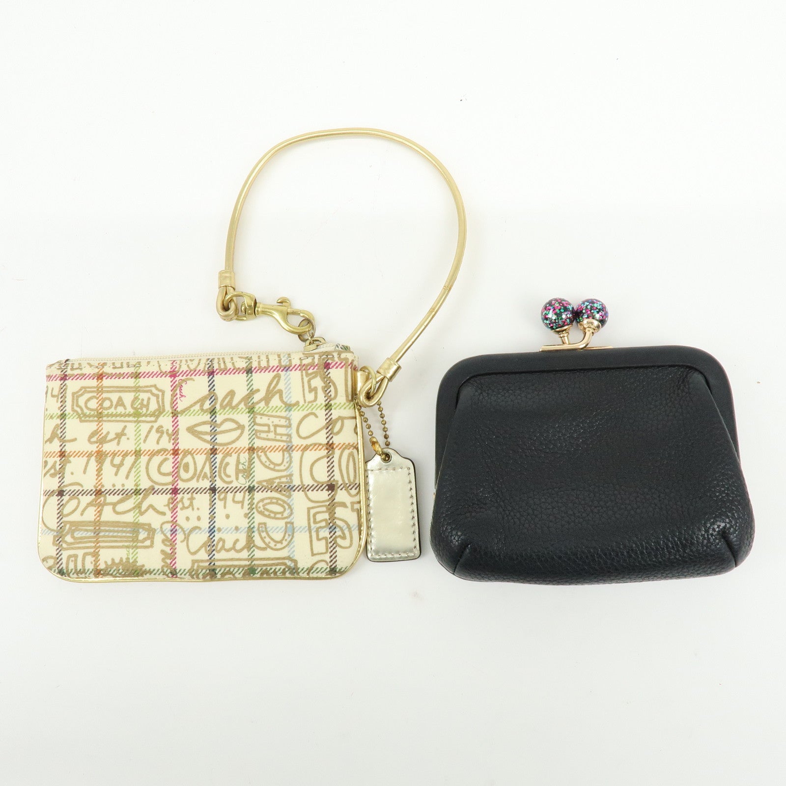 COACH Poppy Set of 2 PVC Leather Coin Purse Pouch Beige Gold Black