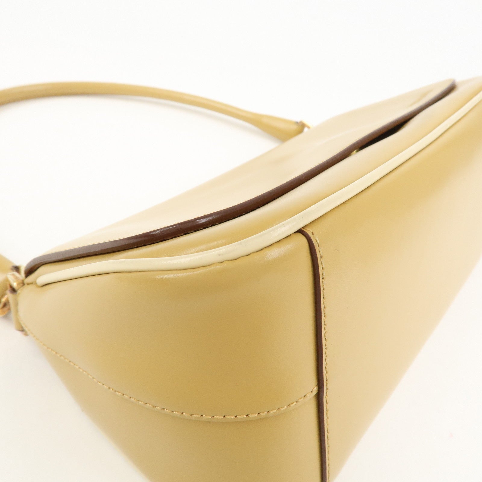 PRADA Logo Leather Shoulder Bag Hand Bag Beige