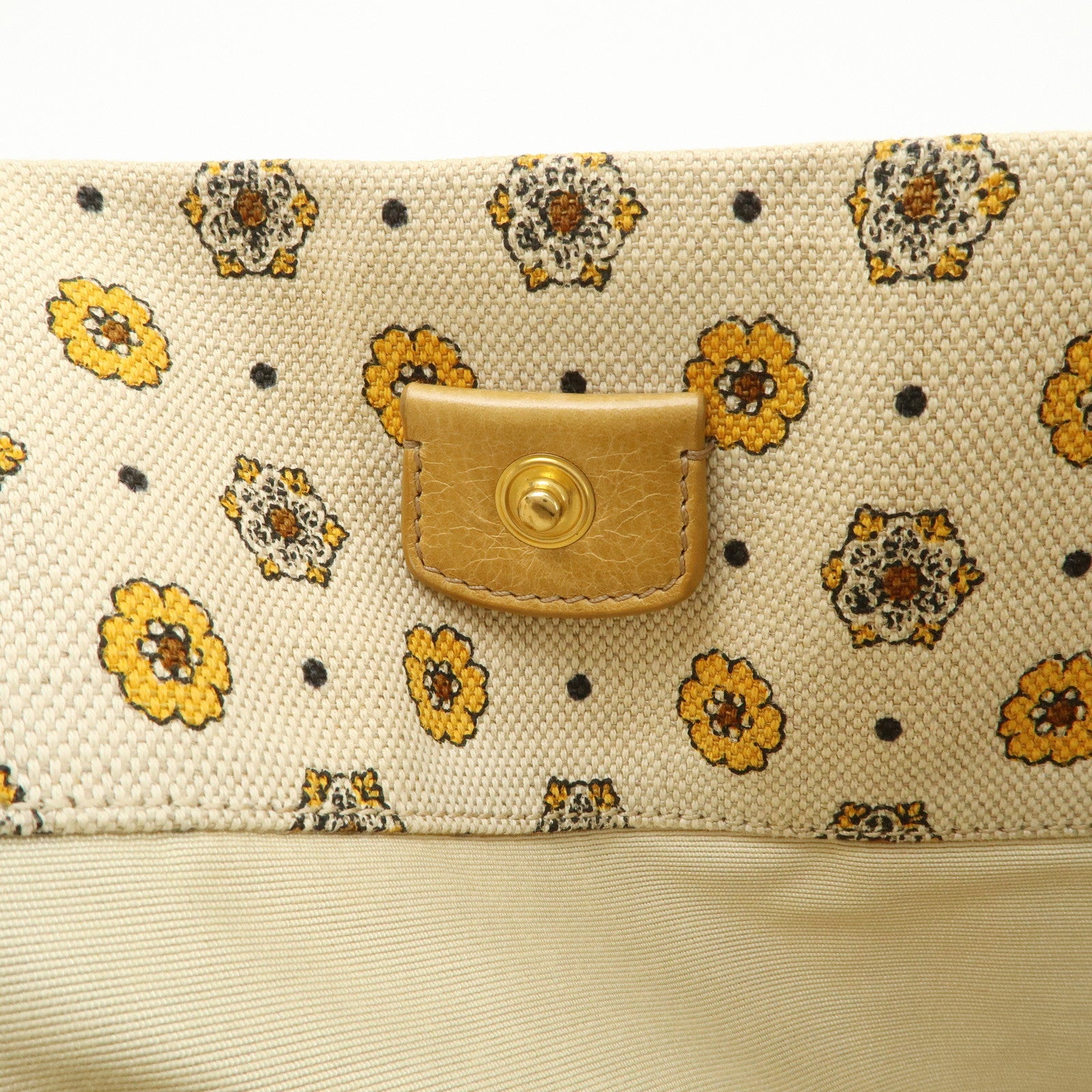 MIU MIU Canvas Leather Tote Bag Hand Bag Flower Motif Beige