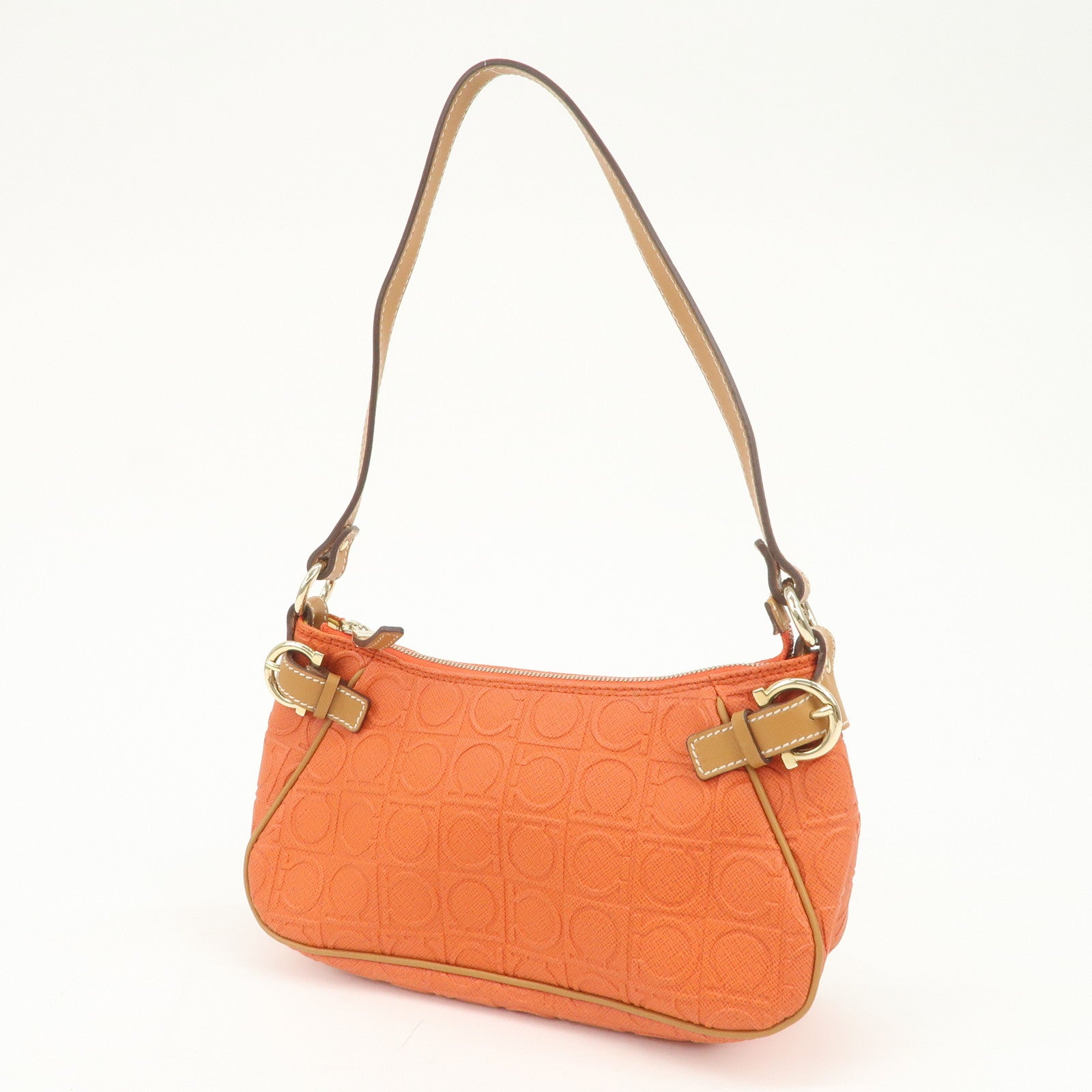 Ferragamo Gancini Leather Shoulder Bag Hand Bag Orange Beige
