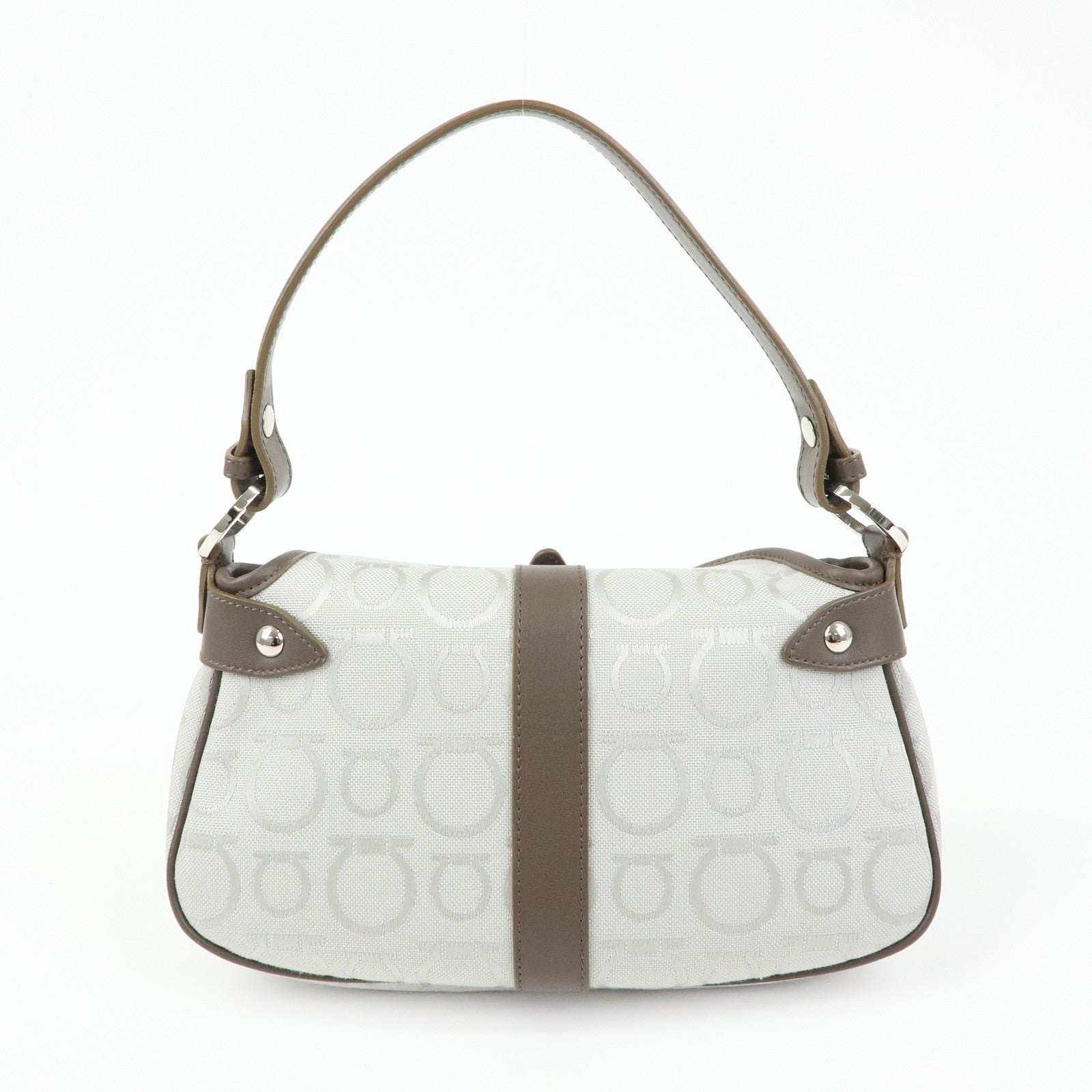 Ferragamo Gancini Canvas Leather Shoulder Bag Hand Bag Gray Brown