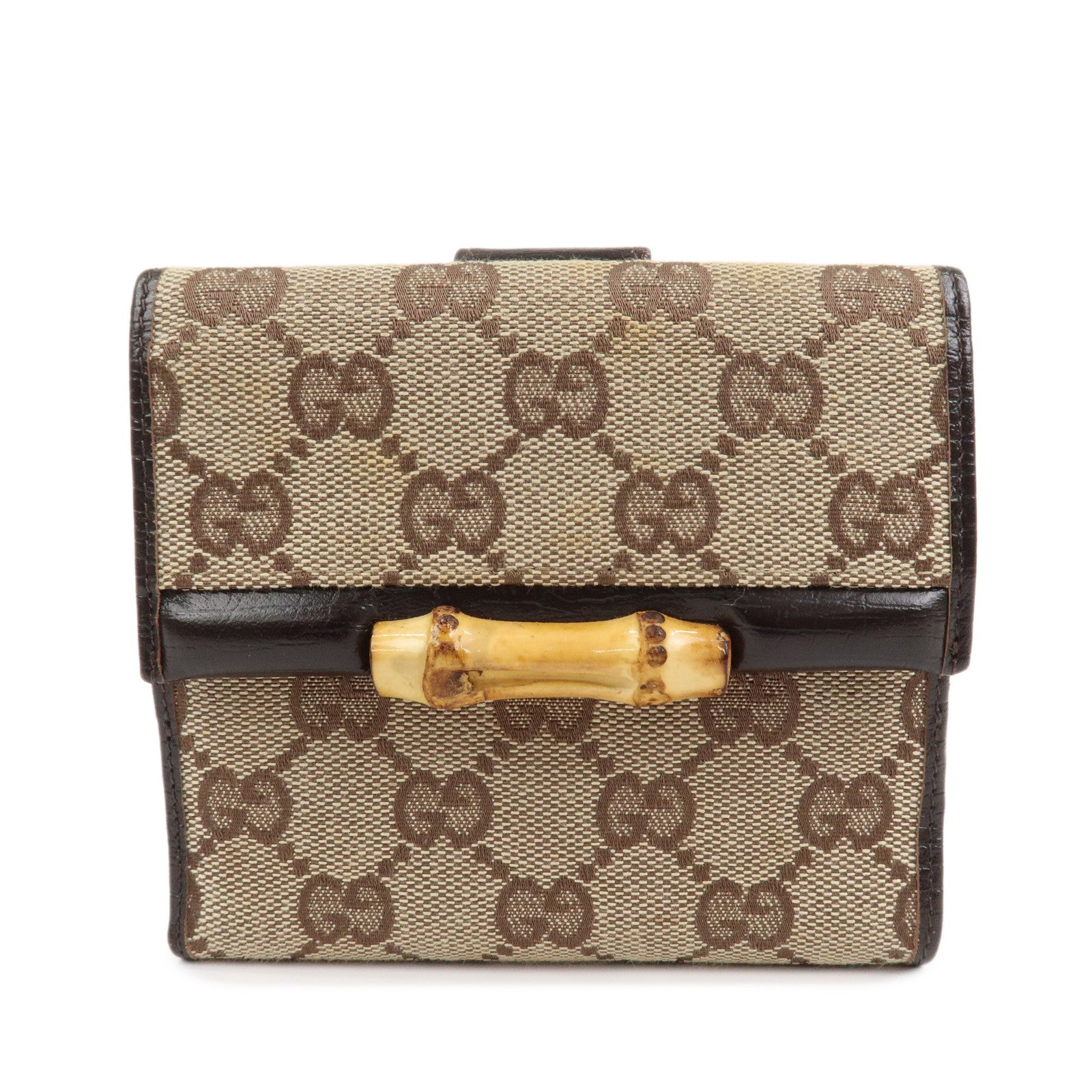 GUCCI Bamboo GG Canvas Leather W Hook Compact Wallet Beige 112521