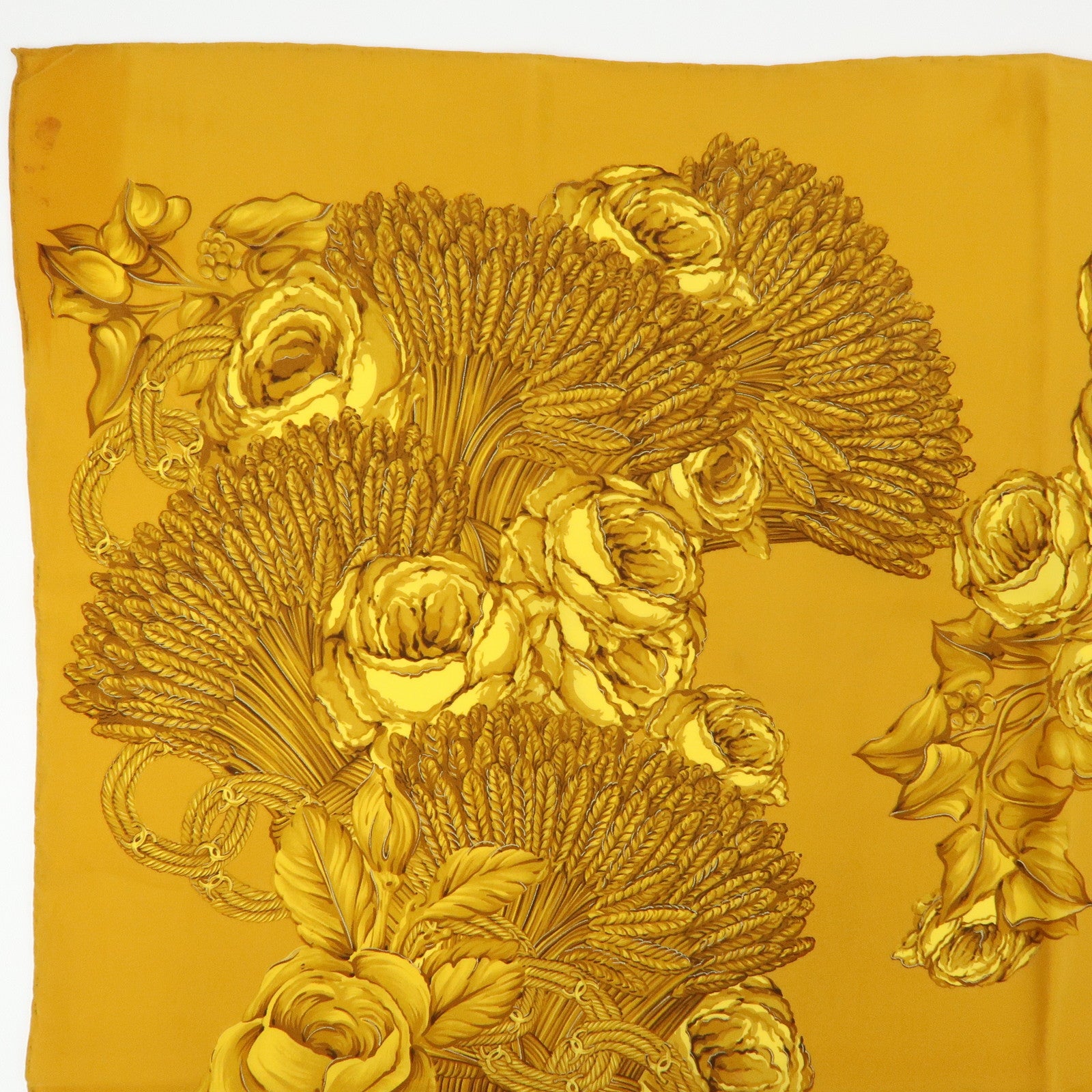CHANEL Silk 100% Scarf Flower Motif Gold