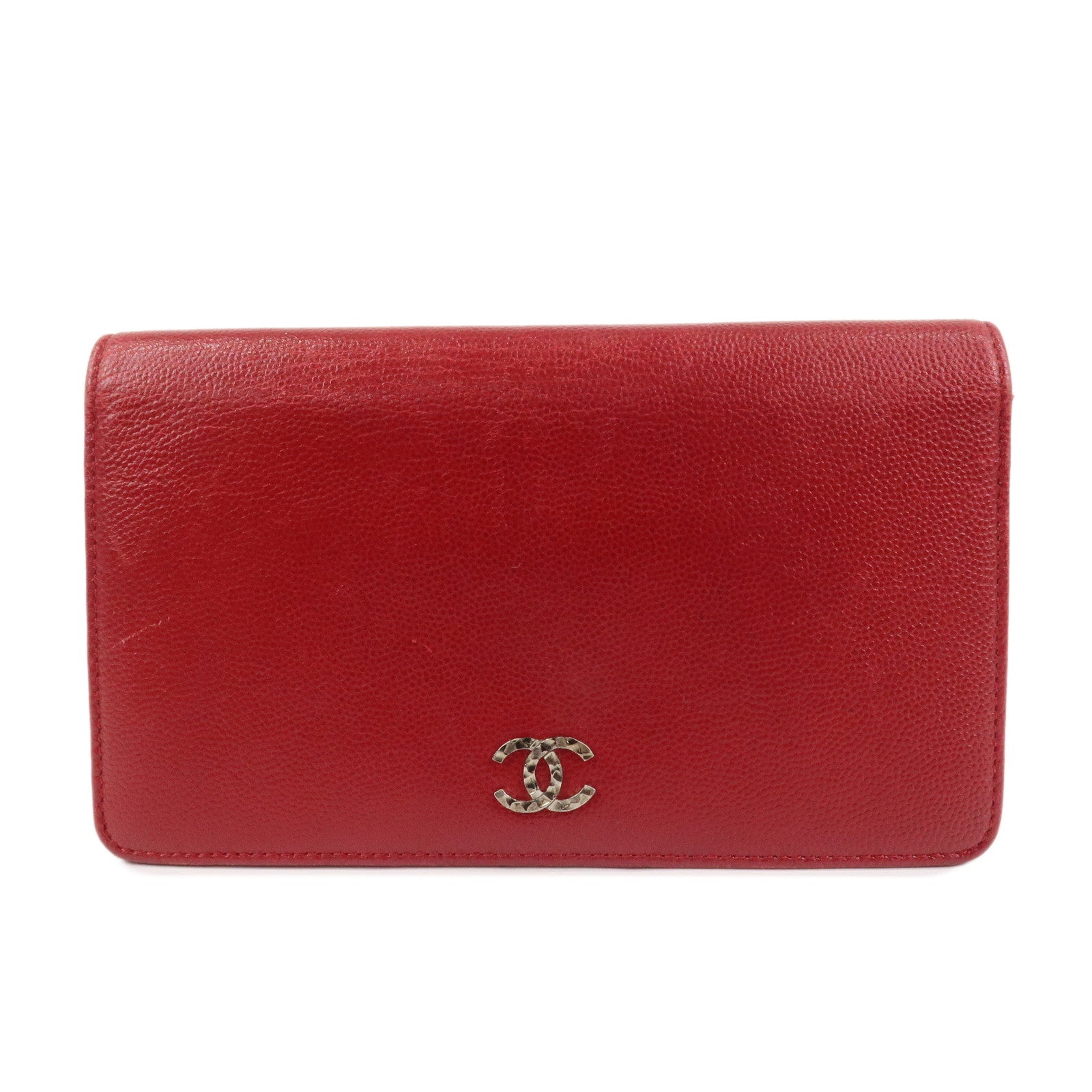 CHANEL COCO Mark Caviarskin Bi-Fold Long Wallet Red