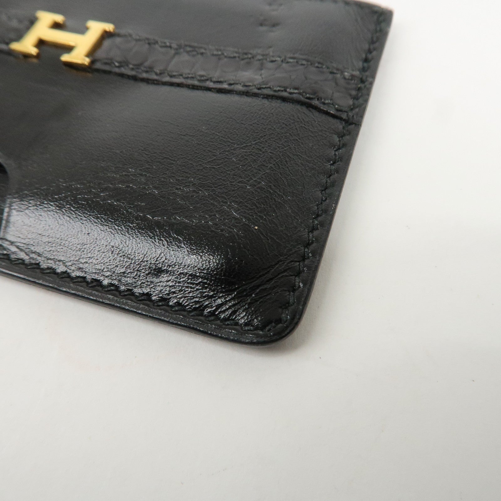 HERMES Leather □T Stamped Card Case Balck Gold Used